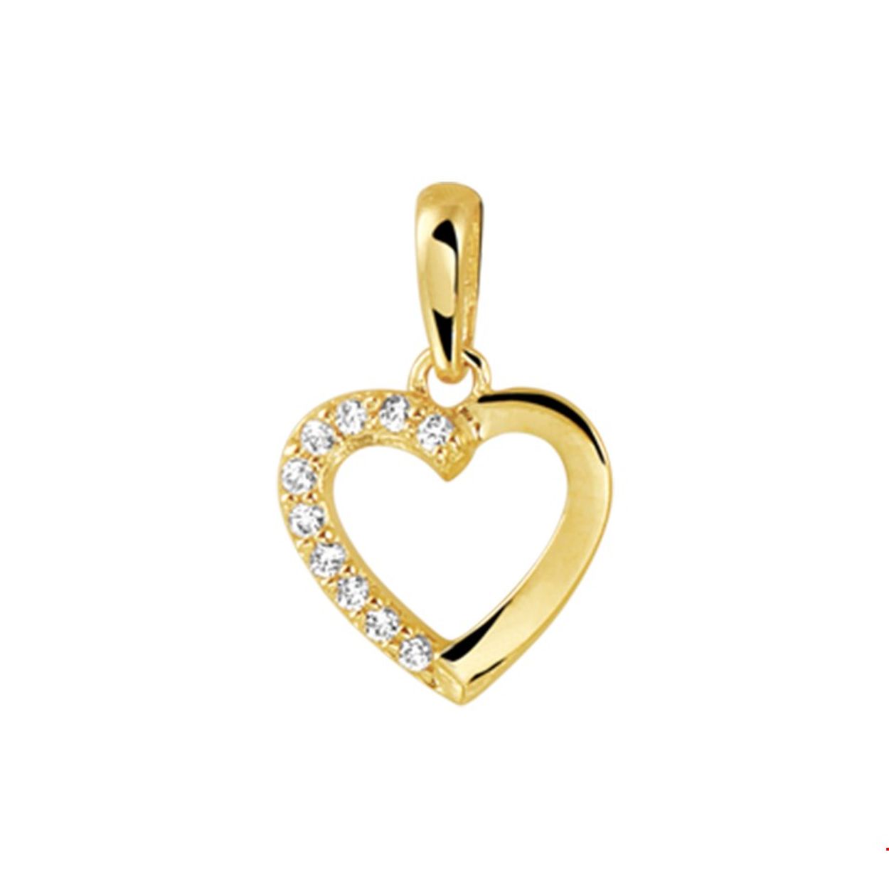 Geelgouden hart hanger met een luxe rijzetting van briljant geslepen zirkonia van 9x9mm en een totale hoogte van 14mm.