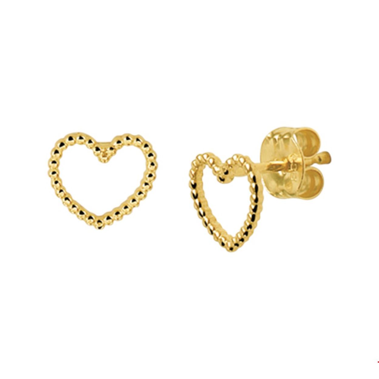 Geelgouden hart oorknoppen met een bolletjes vormige buis. De oorknoppen hebben een afmeting van 6x7mm en zijn poli afgewerkt. De oorknoppen zijn te combineren met bijpassende sieraden uit onze collectie. Tip: Leuk om kado te geven aan geliefde of dierbare! Zeg het met een hart!.