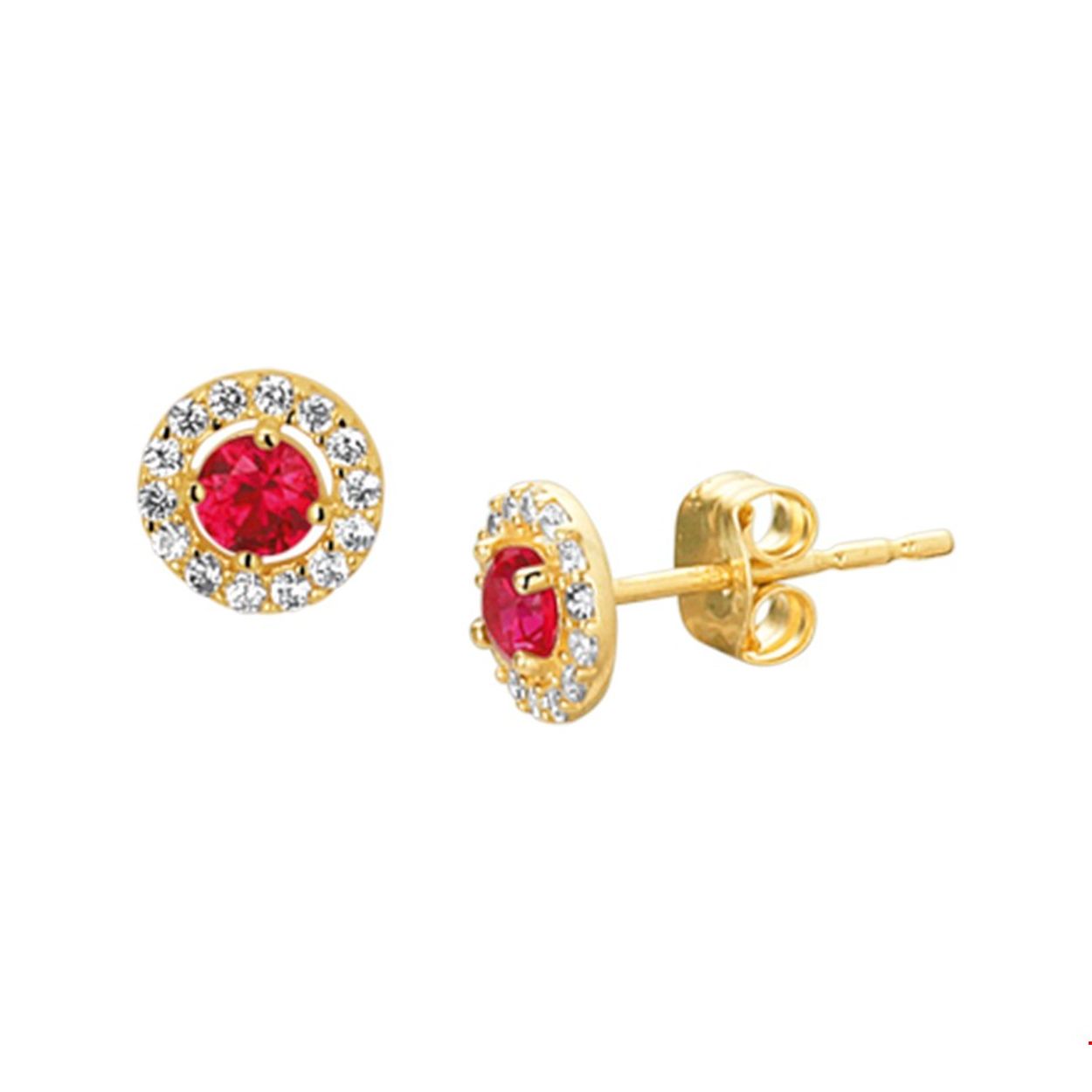 Chique geelgouden oorknoppen met een diameter van 6mm uitgevoerd met een synthetische robijn van 3mm en een luxe rijzetting van briljant geslepen zirkonia. De combinatie met schitterende synthetische robijn en heldere zirkonia stenen maken dit sieraad tot een ware eyecatcher.