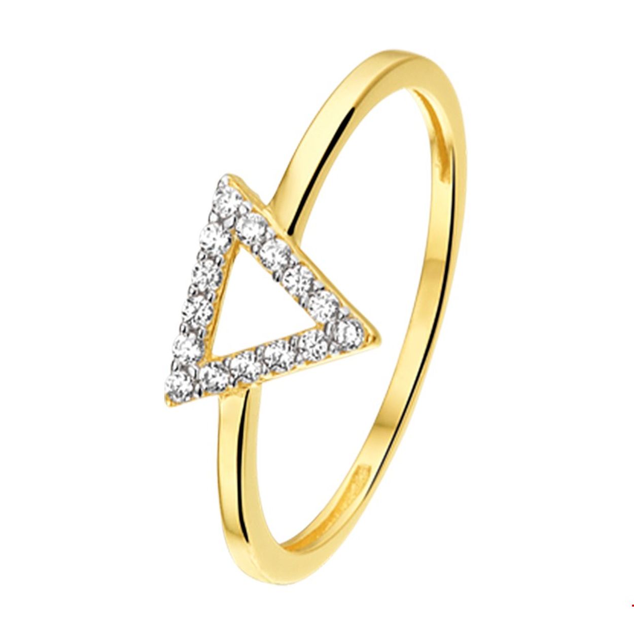 Trendy geelgouden 6.5mm brede ring uitgevoerd met een rijzetting van briljant geslepen zirkonia in een driehoek. De zirkonia stenen en de poli afwerking laten deze ring bij elke outfit werkelijk stralen. 

Ringmaat: 17.25 mm (54)
Breedte: 6.5 mm
Zetting: entourage (rijzetting)