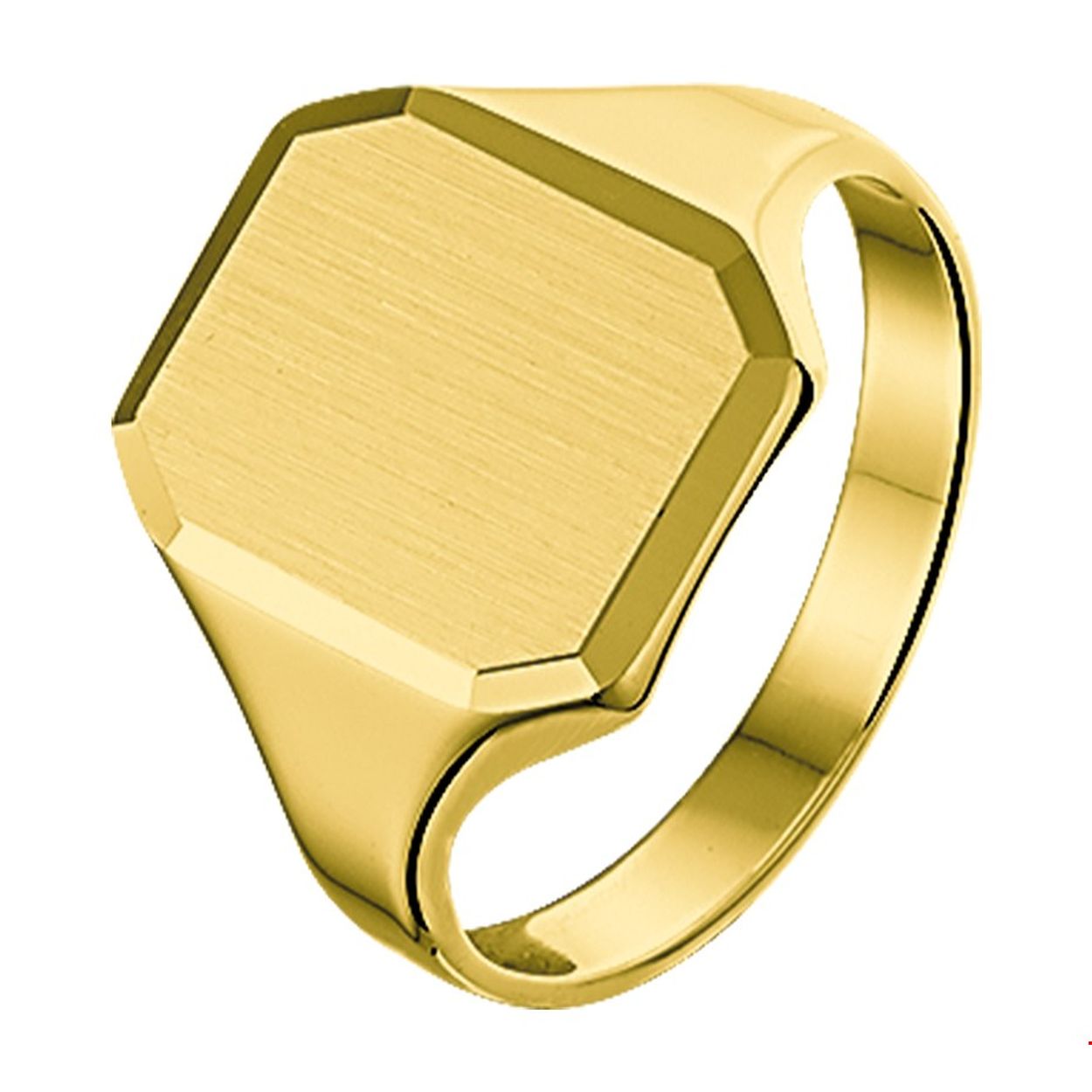 Stijlvol geelgouden mat gediamanteerde graveerring met een afmeting van 16.9x13.5mm. De gediamanteerde afwerking en de robuuste afkanteningen van de ring maken dit sieraad helemaal af.
