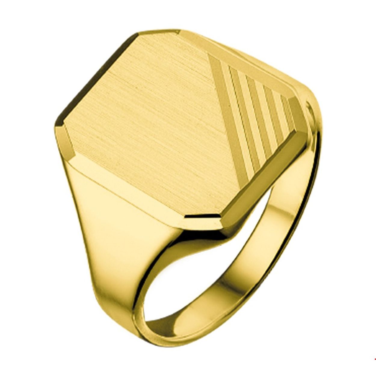 Stijlvol 14 karaat geelgouden massieve herenring met een  gediamanteerde afwerking. De ring heeft een afmeting van 16.8x13.3mm. De gediamanteerde afwerking en de robuuste afkanteningen van de ring maken dit sieraad helemaal af.