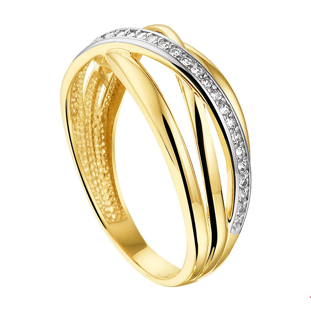 Chique geel met witgoud gestifte ring met een breedte van 8mm uitgevoerd met een luxe rijzetting van briljant geslepen zirkonia. Tip: Combineer deze ring met sieraden uit onze collectie of vanuit je eigen stash en creeer zo elke keer weer een nieuwe look!.
Ringmaat: 18.50 mm (58)
Breedte: 8 mm