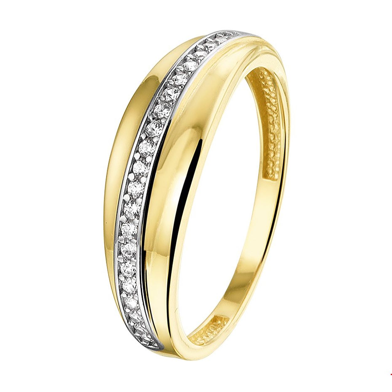 Chique geel met witgoud gestifte ring met een breedte van 6.5mm uitgevoerd met een luxe rijzetting van briljant gesplepen zirkonia. De ring is te combineren met bijpassende sieraden uit onze collectie.
