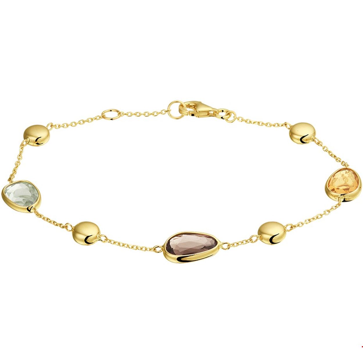 Stijlvol geelgouden 1mm anker armband met draaglengtes van 17.5cm en 19cm en 6mm poli rondjes uitgevoerd met rookkwarts citrien en groen amethyst in een zetkast van 8mm breed. De uniek geslepen stenen met hun verschillende kleuren maken dit sieraad tot een ware eyecatcher!. De armband is te combineren met bijpassende sieraden uit onze collectie.