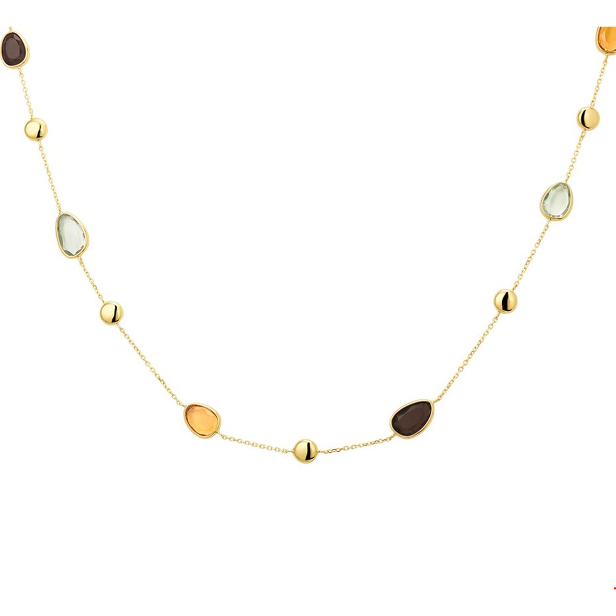14 karaat geel goud anker collier met ornamenten met verschillende half edelstenen. De steengewichten zijn: rookkwarts +/- 1.40ct per steen, groen amethist +/- 1.40ct per steen en de citrien +/- 1.40ct per steen.