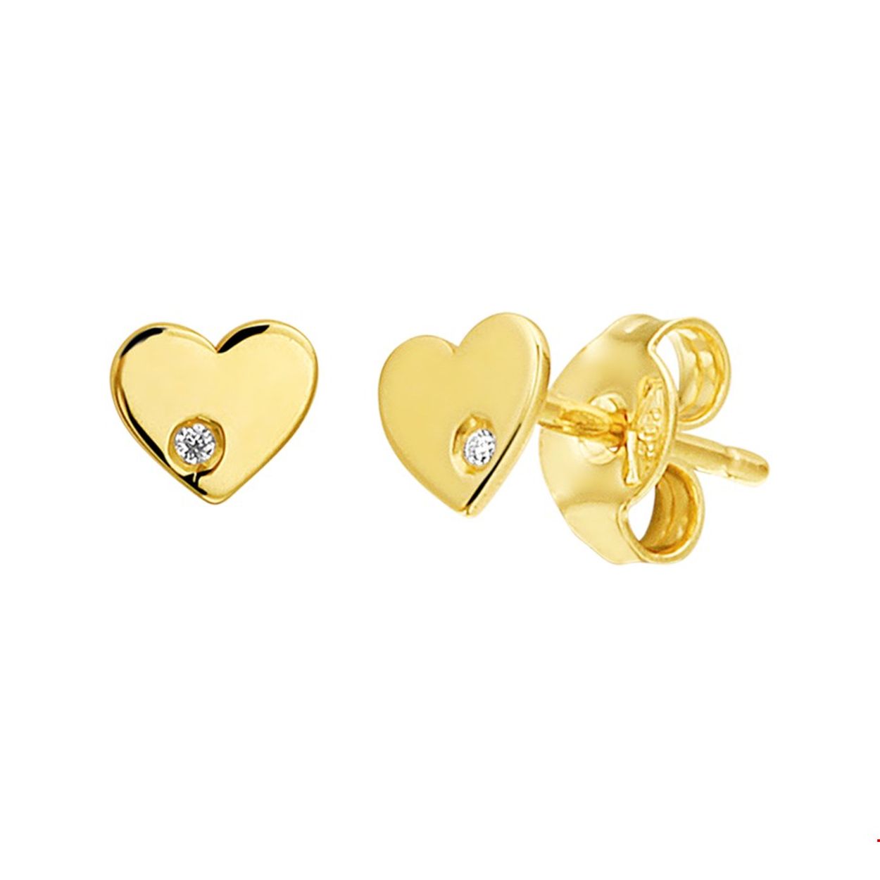 Geelgouden hart oorknoppen met een afmeting van 5x5.5mm uitgevoerd met een briljant geslepen diamant 0.010ct. en stevige poussette sluiting. Tip: Perfect kado voor dierbare of geliefde!. Een hart de teken van liefde en diamonds are girls best friend maken dit sieraad een perfect kado!.