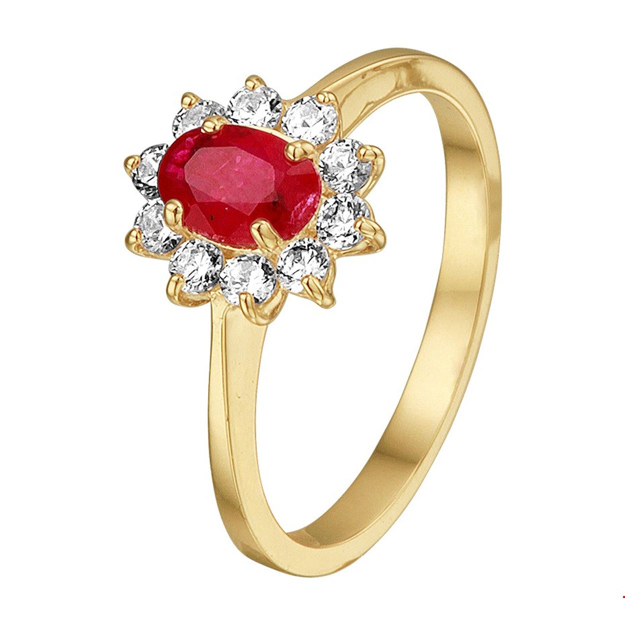Beschrijving: Geelgouden ring uitgevoerd met een schitterende robijn en heldere zirkonia stenen in een chaton zetting. De combinatie met schitterende zirkonia stenen maken dit sieraad tot een ware eyecatcher.Tip: Leuk om kado te geven zie je ze al stralen!? 
Uniekenummer serie: 40945
Verpakt per: 1
Doelgroep: dames
Ringmaat: 17.00 mm (53)
Breedte: 10 mm
Zetting: entourage (chatonzetting)