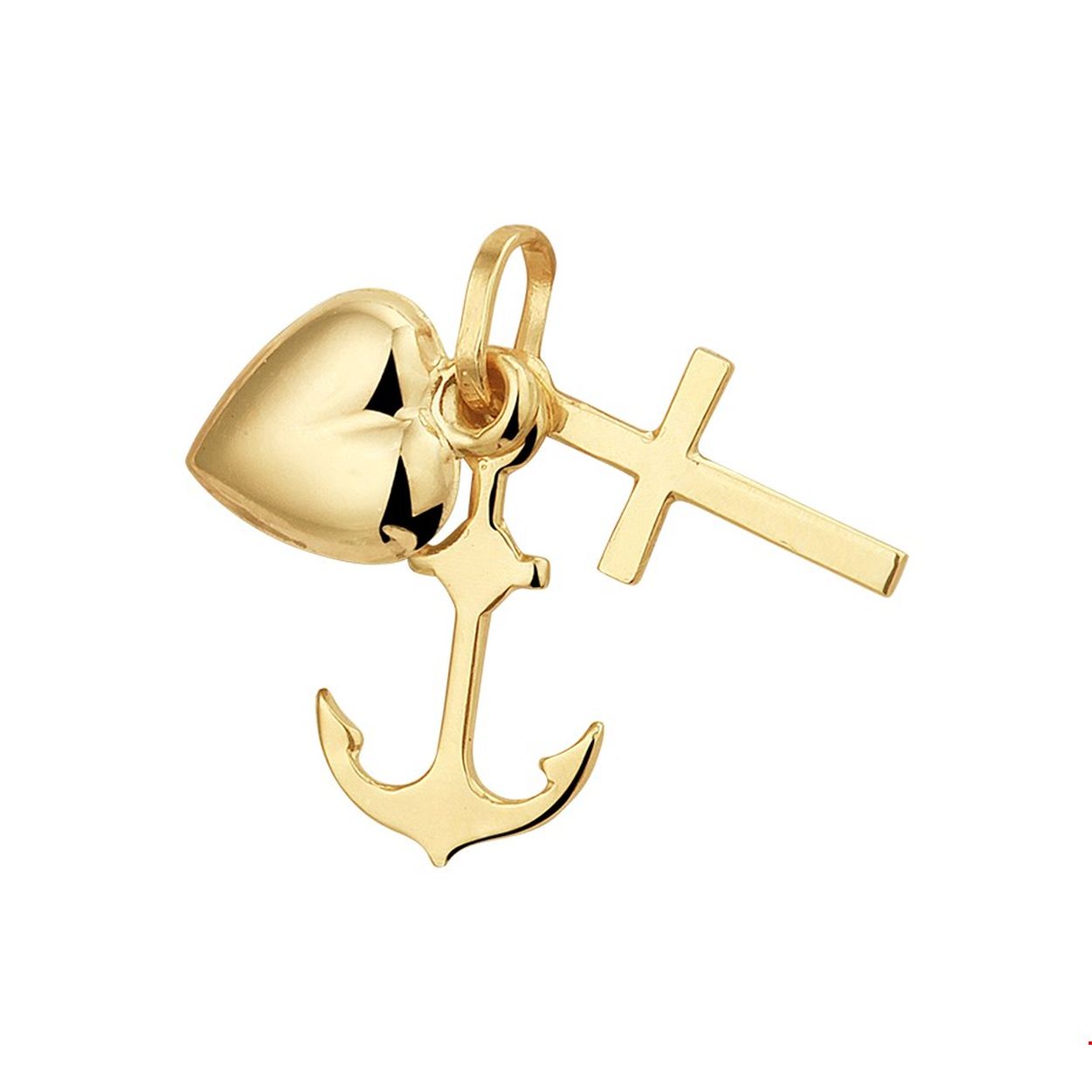 Geelgouden geloof, hoop en liefde hanger. Met een hart van 8x7.5mm, een anker van 14x8mm en een kruis van 13.5x7mm. Drie symbolen - woorden uit de bijbel - onlosmakelijk aan elkaar verbonden. Deze hanger zal voor een ieder die hem draagt een eigen betekenis hebben. 
Doelgroep: unisex
Hoogte: 17 mm