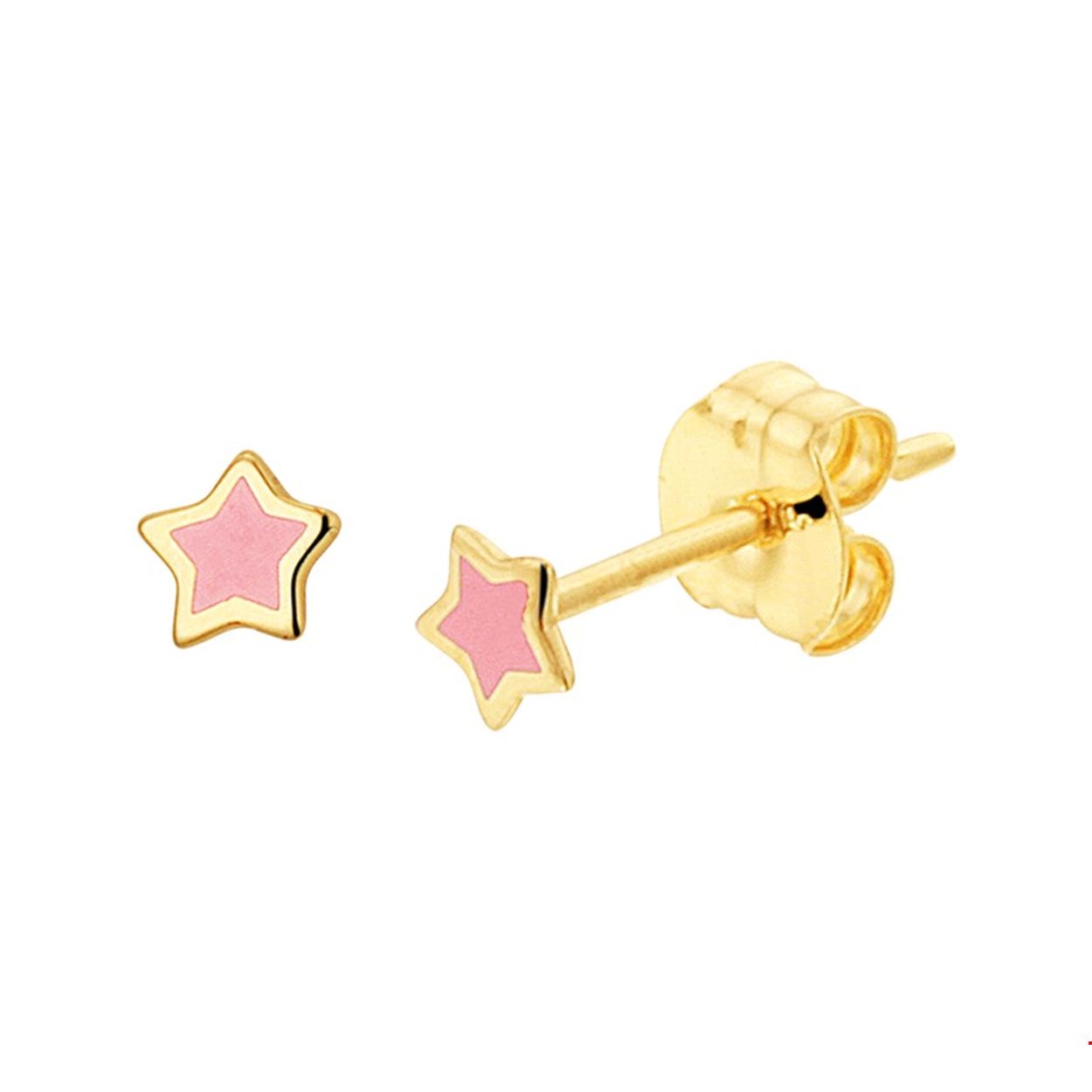 Beschrijving: Schattige geelgouden ster oorknoppen met roze epoxy uitgevoerd met een stevige poussette sluiting. De oorknoppen hebben een afmeting van 3.5x3.5mm. 
Verpakt per: 1
Doelgroep: kinderen
Breedte: 3.5 mm
Hoogte: 3.5 mm