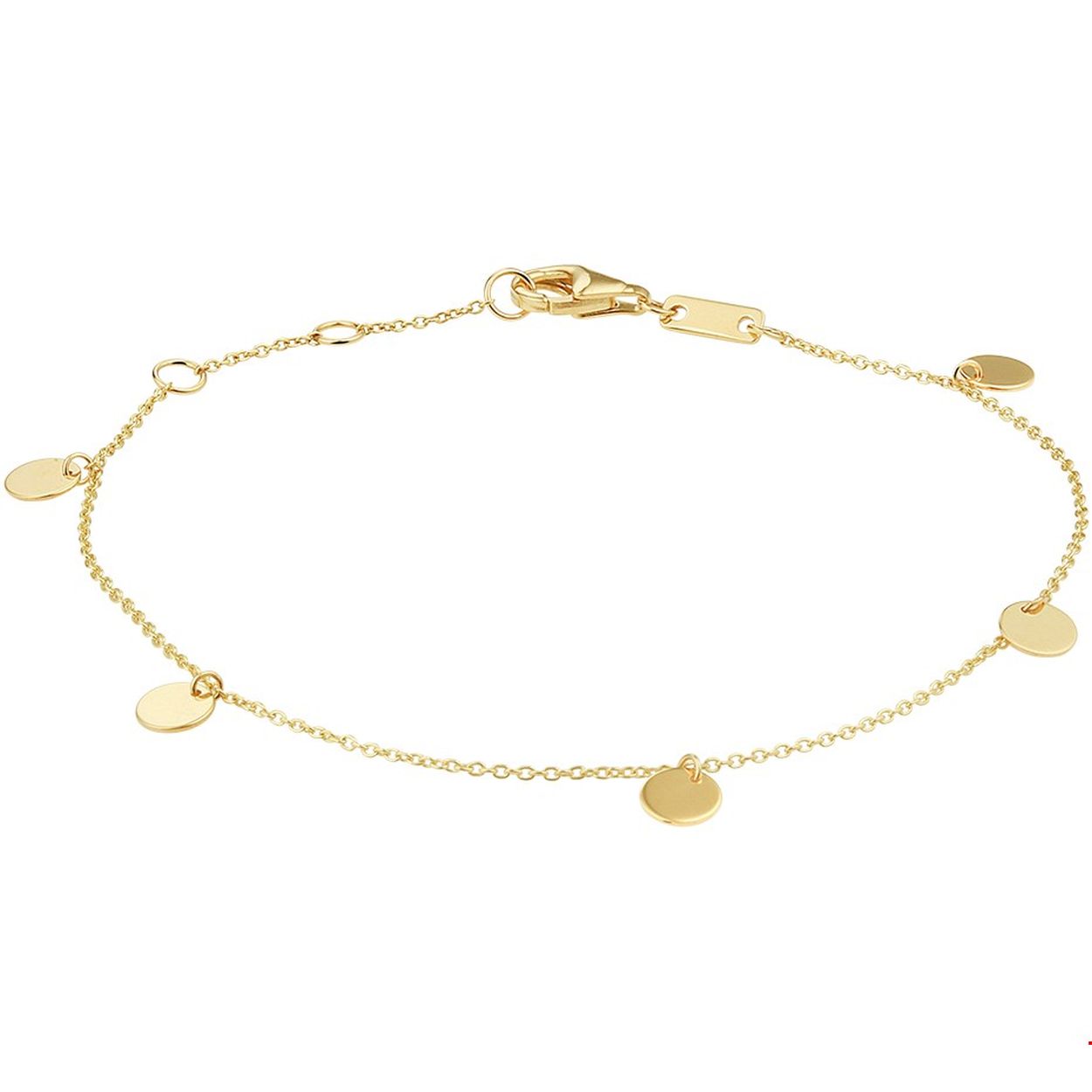 Trendy geelgouden 0.9mm anker armband met draaglengtes van 16.5, 17,5 en 18.5cm uitgevoerd met 5 rondjes van 5mm. De armband is te combineren met bijpassende sieraden uit onze collectie.
Kortste lengte: 16.5 cm
Langste lengte: 18.5 cm