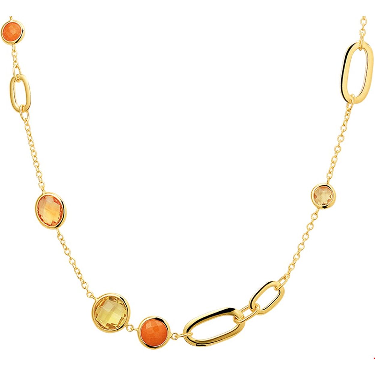 Stijlvol geelgouden 2mm anker collier met draaglengtes van 42 en 45cm uitgevoerd met citrine, aventurijn en lemon kwarts. Het collier is te combineren met bijpassende sieraden uit onze collectie. De uniek geslepen stenen en de verschillende kleuren hiervan geven het sieraad een glamorous look!.

Kortste lengte: 42 mm
Langste lengte: 45 mm
