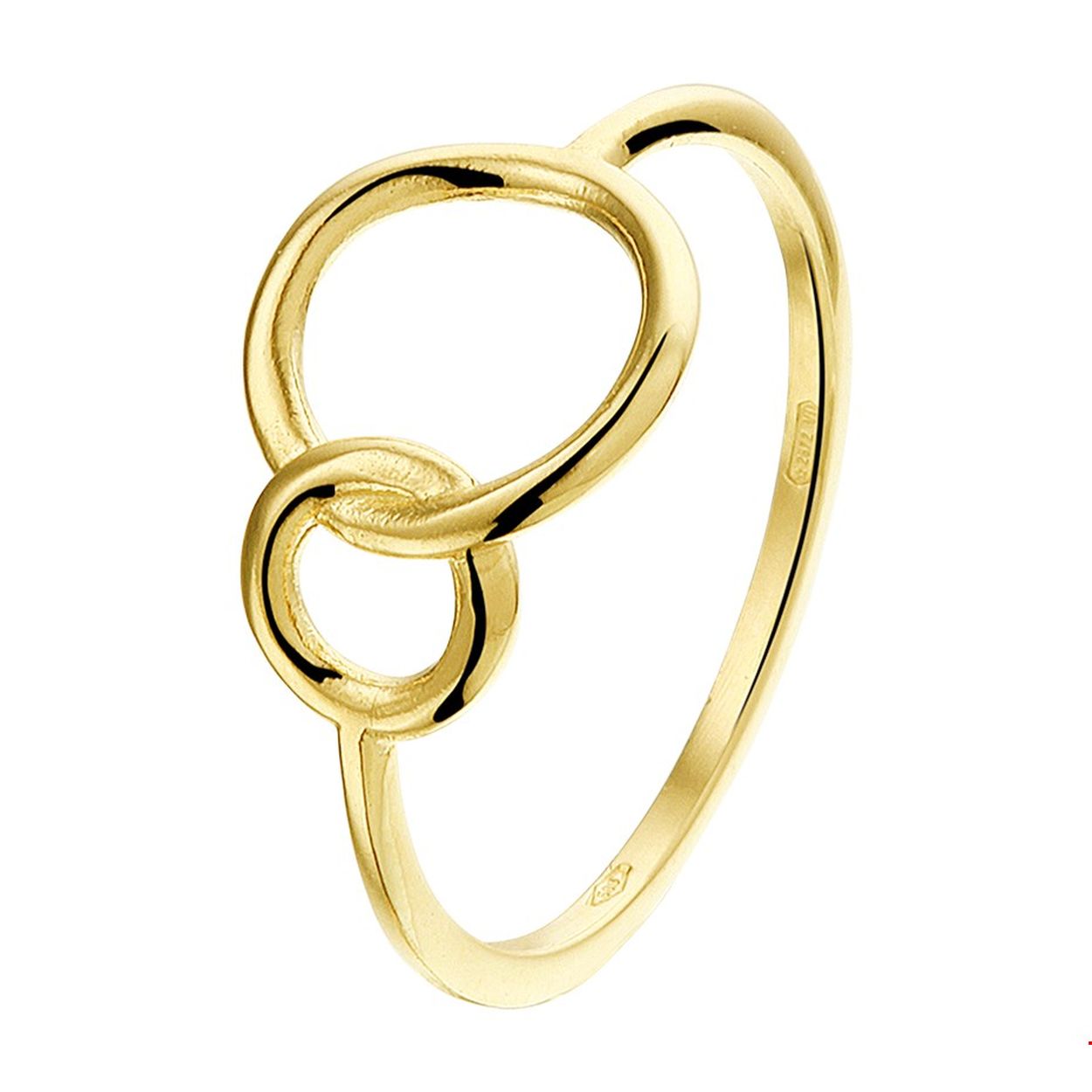 Moderne geelgouden ring met twee rondjes en een poli afwerking. Tip: Door het design is deze ring perfect te combineren met andere sieraden uit jou stash!. Zo creeer je elke keer weer een nieuwe look!.