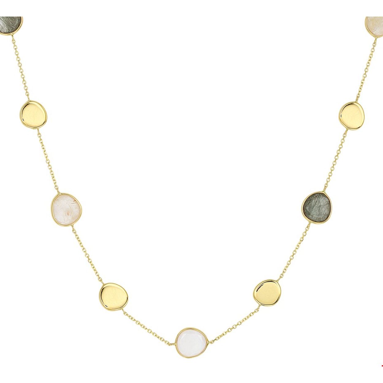 Beschrijving: Stijlvol geelgouden 1mm anker collier met draaglengtes van 42 en 45cm. Uitgevoerd met schitterende wit kwarts - groen rutiel en goud rutiel. De uniek geslepen stenen met hun verschillende kleuren maken dit sieraad tot een ware eyecatcher! Het collier heeft een karabijn sluiting en is te combineren met bijpassende sieraden uit onze collectie.
Verpakt per: 1
Doelgroep: dames
Kortste lengte: 42 mm
Langste lengte: 45 mm
Hoogte: 9.5 mm