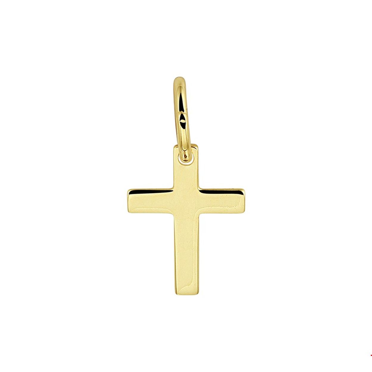 Geelgouden massieve kruis hanger met een afmeting van 10x7.5mm uitgevoerd met een stevig hangoog. Tip: Deze hanger is te combineren met bijpassende colliers uit onze collectie!