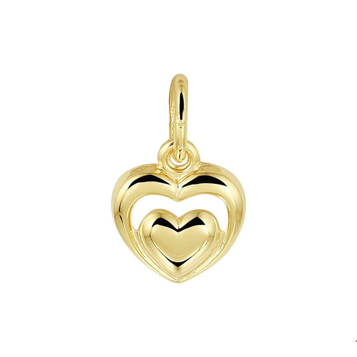 Geelgouden hanger met een hartje in een hartje. Het hart heeft afmetingen van 8x8mm uitgevoerd met een stevig hangoog. Tip: Leuk om kado te doen aan dierbare of geliefde!. Gegarandeerd dat ze het hart zal waarderen. Deze hanger is te combineren met bijpassende colliers uit onze collectie!