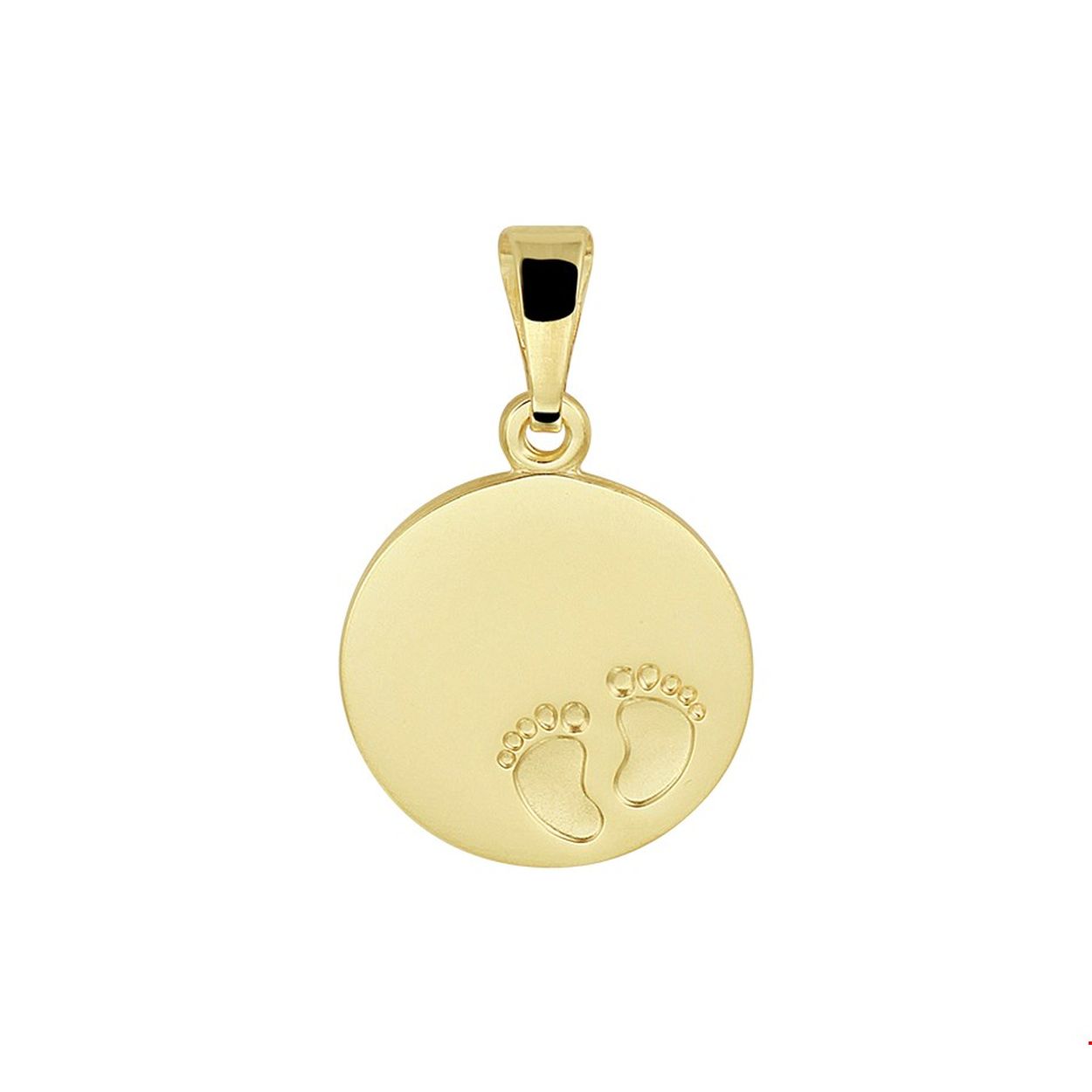 Beschrijving: Geelgouden graveerhanger met baby voetjes uitgevoerd met een stevig hangoog. De hanger heeft een diameter van 12.5mm. Tip: Deze hanger is te combineren met bijpassende colliers uit onze collectie! 
Verpakt per: 1
Doelgroep: unisex