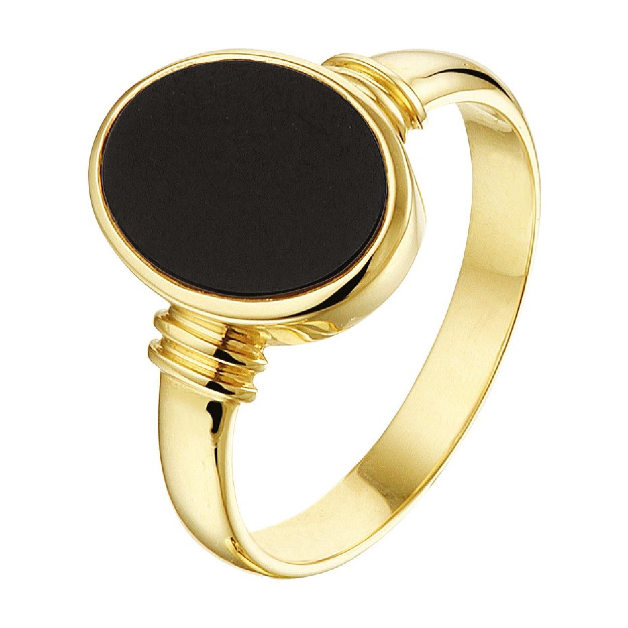 De ring is gemaakt van geelgoud en is zwartkleurig. Het is een sieraad voor dames.