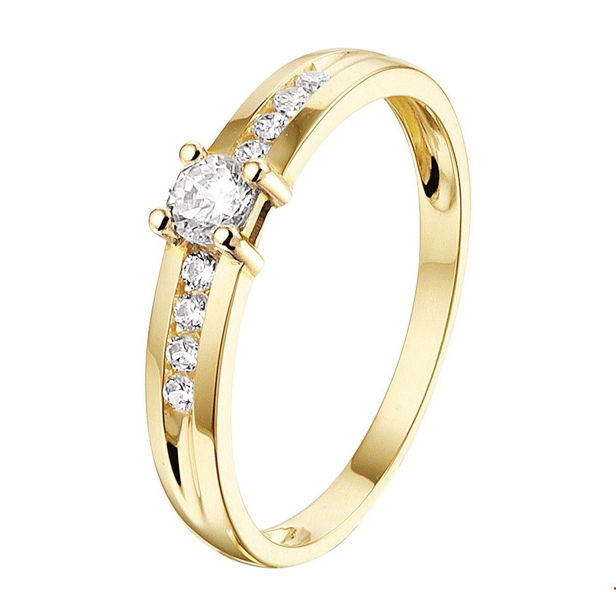 Stijlvolle geelgouden ring met een schitterende rij van zirkonia. Tip: Combineer deze ring met bijpassende sieraden uit onze collectie of vanuit je eigen stash en creeer zo elke keer weer een nieuwe look.