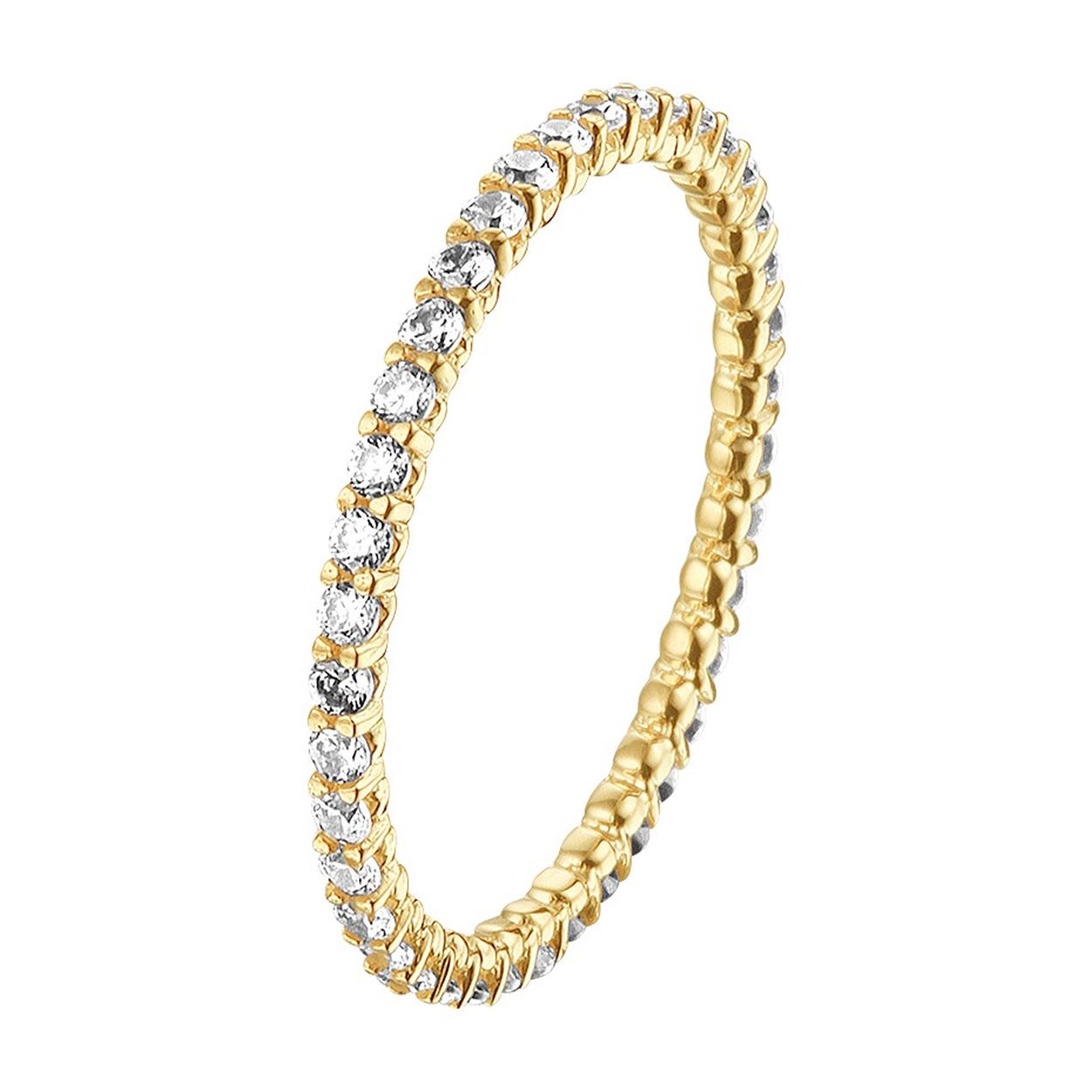 Stijlvolle geelgouden aanschuifring met een schitterende rij van zirkonia en een poli afwerking. Tip: Combineer deze ring met andere aanschuifringen voor een subtiele en elegante look.