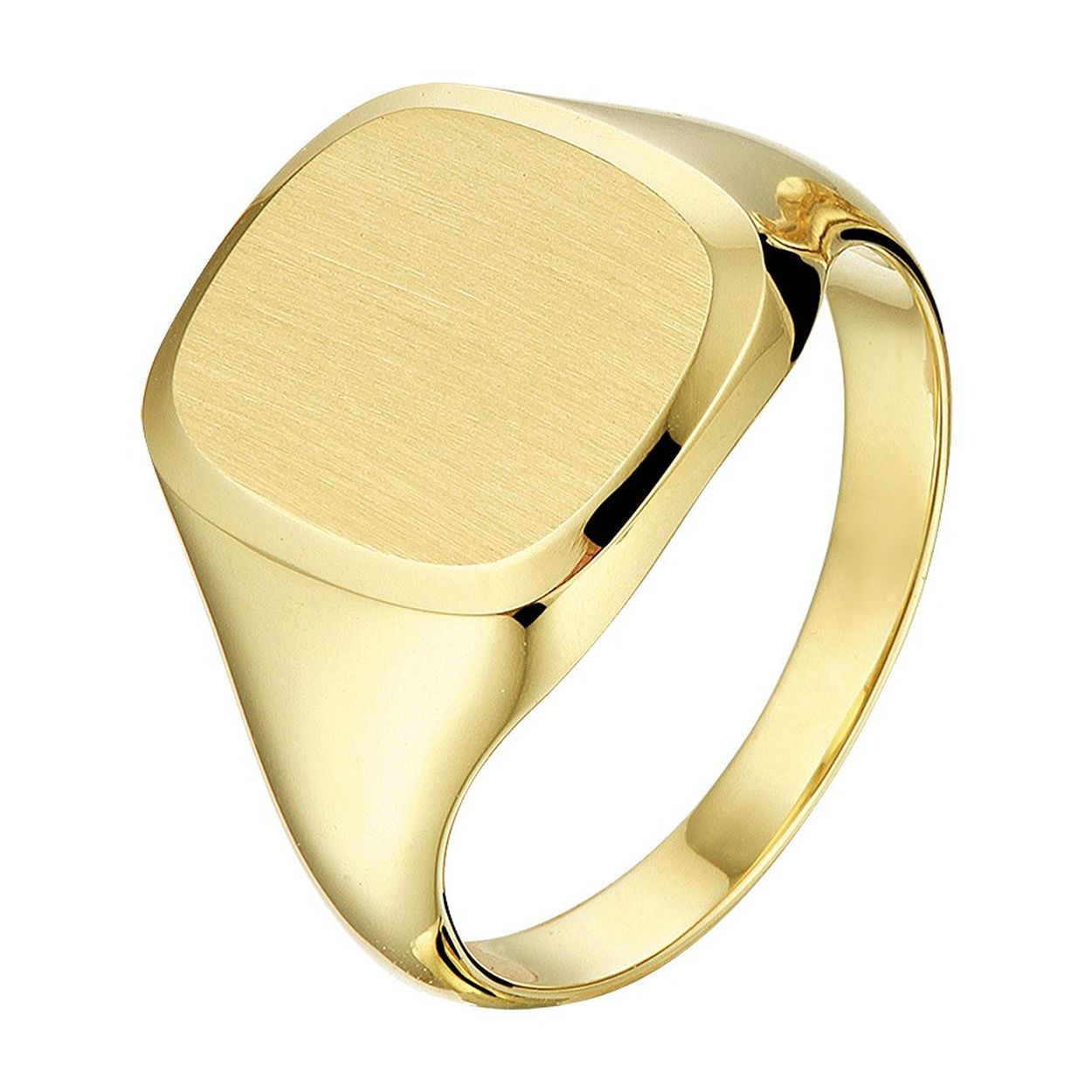 Stijlvolle geelgouden massieve graveerring met een afmeting van 15.5x14.5mm. De gediamanteerde afwerking en de robuuste afkanting maken de ring helemaal af.