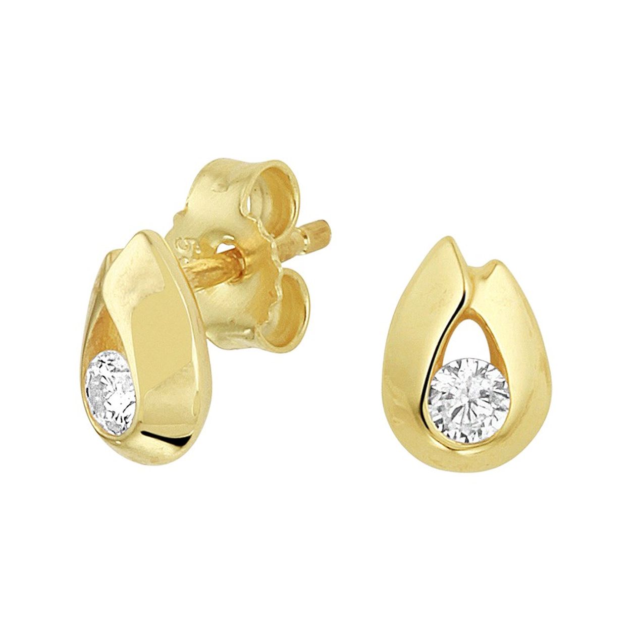 Beschrijving: Stijlvolle geelgouden oorknoppen uitgevoerd met zirkonia en met een afmeting van 7x5mm. De oorknoppen zijn goed te combineren met identiek gevormde sieraden uit onze collectie waarmee je een chique set kunt maken.