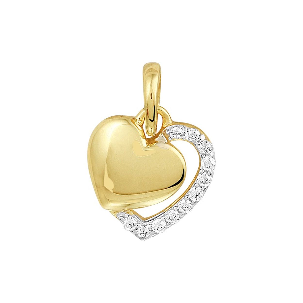 Beschrijving: Romantische geelgouden hart hanger met een afmeting van 11x11.5mm uitgevoerd met een schitterende rij van zirkonia. De hanger is ook goed te combineren met een bijpassend collier uit onze collectie. De combinatie van de sprankelende zirkonia en het bijzondere hart is een originele toevoeging aan jouw sieradencollectie!