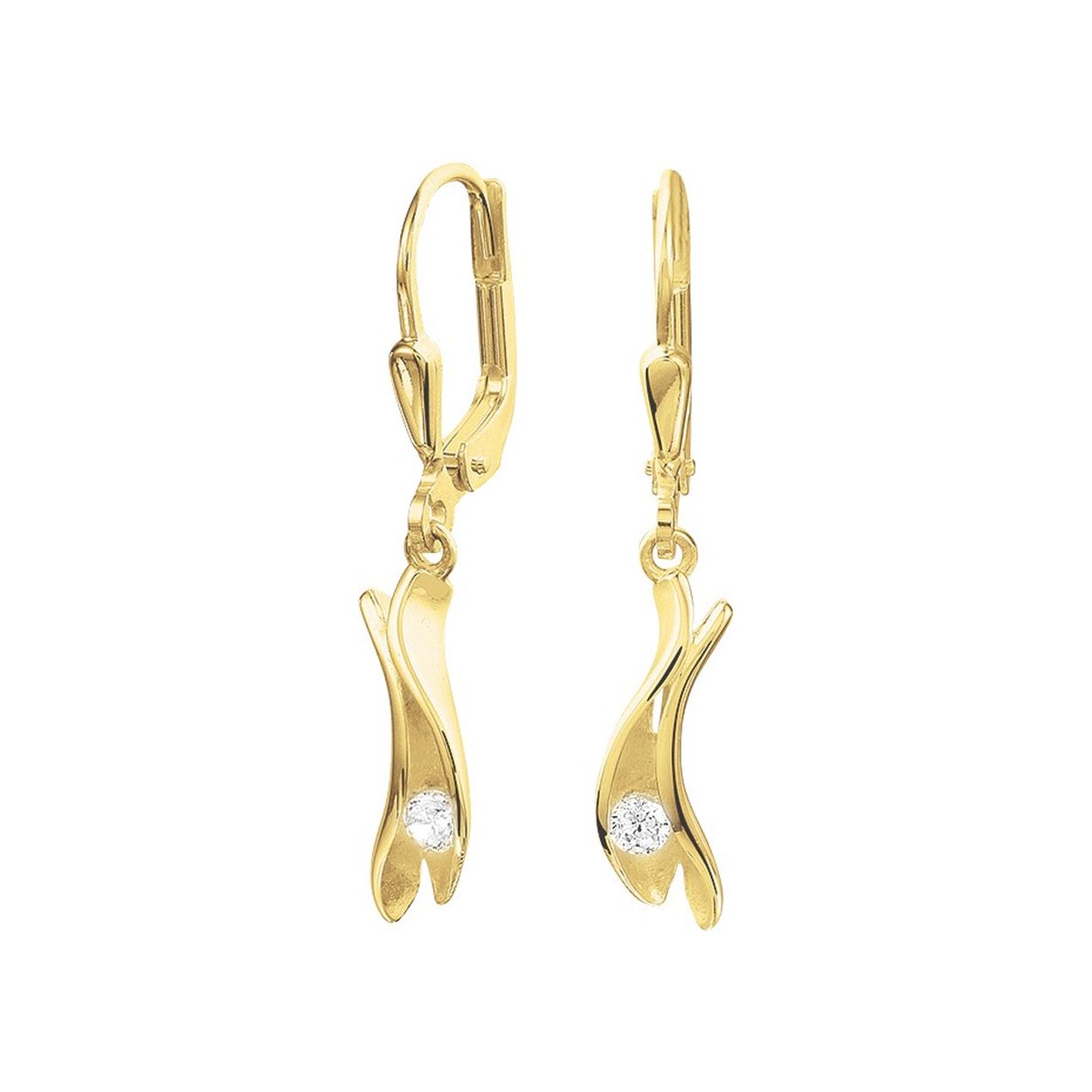 Beschrijving: Sierlijke geelgouden oorhangers met schitterende details zoals de sprankelende zirkonia steen en de poli/matte afwerking. De oorhangers hebben een totale hoogte van 3cm.