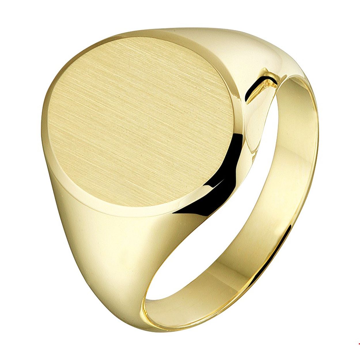 Stijlvolle geelgouden massieve graveerring met een afmeting van 16.5x14mm. De gediamanteerde afwerking en de robuuste afkanting maken de ring helemaal af.