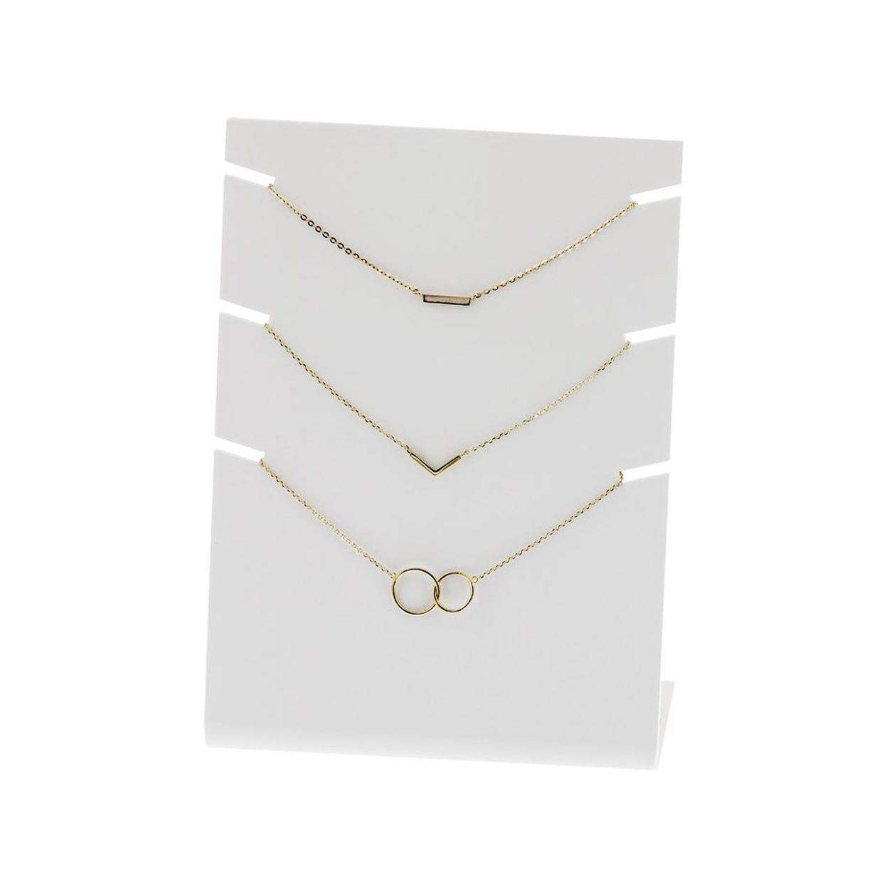 Beschrijving: Kunststof colliers display inclusief 3 trendy geelgouden colliers. Het display is voorzien van wit gespoten lak met een matte afwerking.