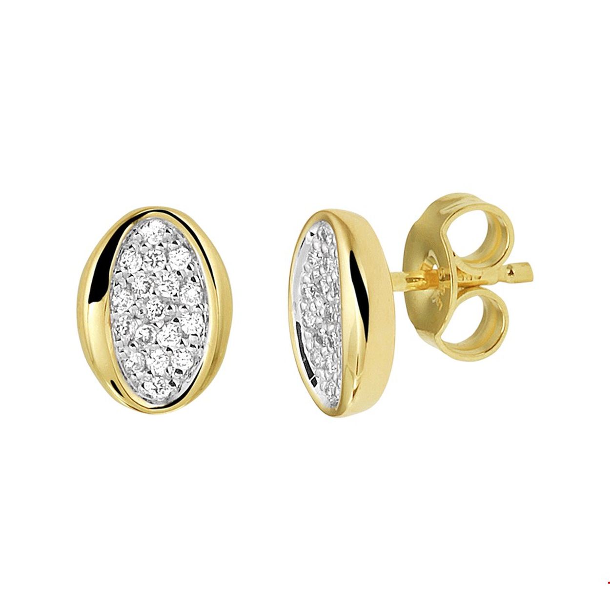 Beschrijving: Stijlvolle geelgouden oorknoppen met een afmeting van 8.5x6.5mm uitgevoerd met briljant geslepen diamanten. Minimalistisch design met een exclusieve uitstraling.