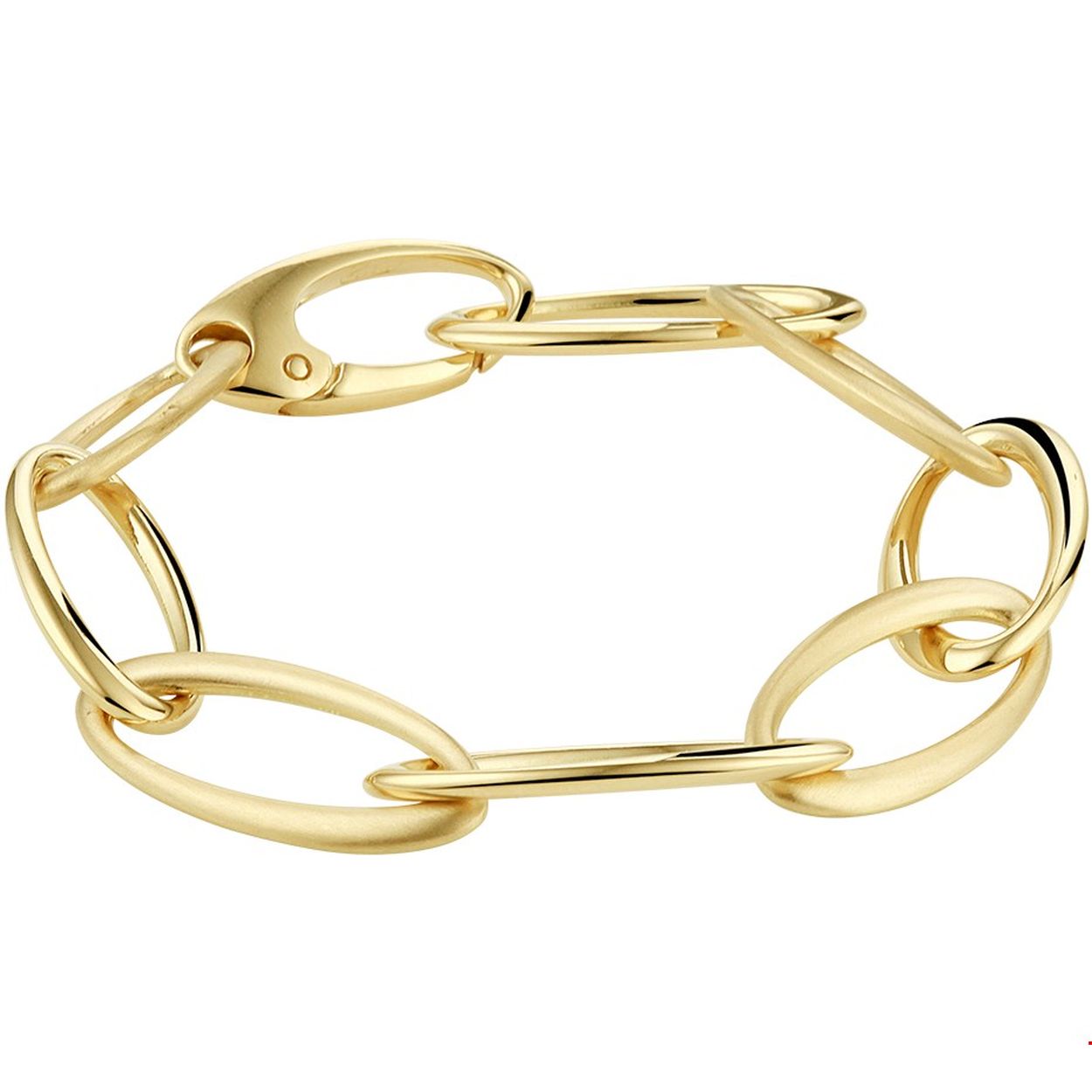 Stijlvolle geelgouden anker armband met een draaglengte van 19cm en een schakelbreedte van 13mm. De armband heeft om en om poli en mat afgewerkte schakels. Uitgevoerd met een stevige karabijn sluiting.