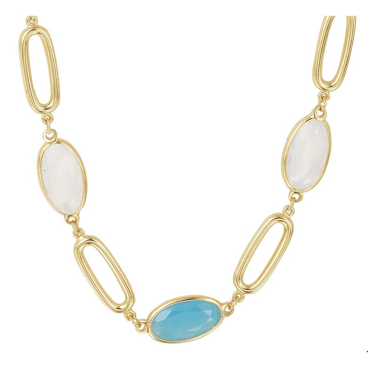 Beschrijving: Stijlvol geelgouden collier met een draaglengte van 45cm. Uitgevoerd met schitterende aquamarijn en wit kwarts. De uniek geslepen stenen en poli afgewerkte open elementen maken dit sieraad tot een ware eyecatcher! Het collier heeft een karabijn sluiting en is te combineren met bijpassende sieraden uit onze collectie.