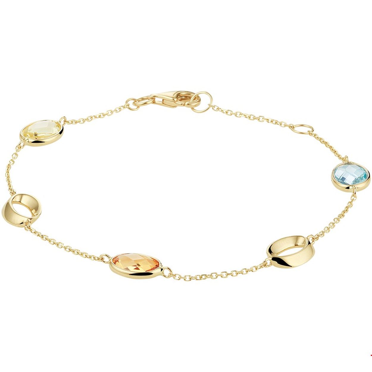 Stijlvolle geelgouden anker armband uitgevoerd met poli afwerkte open ovaaltjes en de kleurstenen: blauw topaas - lemon kwarts en citrien. De armband heeft draaglengtes van 17 en 19cm en een stevige karabijn sluiting. De schitterende stenen maken deze armband een ware eyecatcher.