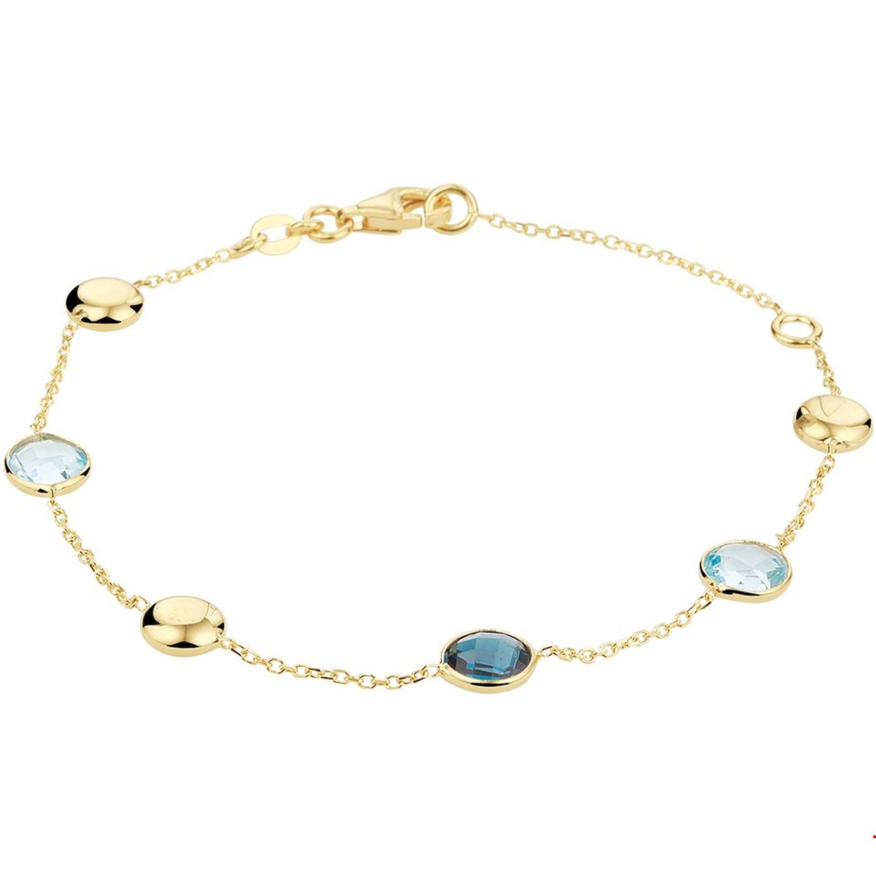 Stijlvolle 14k geelgouden anker armband uitgevoerd met poli afwerkte rondjes en een combinatie van blauw topaas en London Blue topaas stenen. Met draaglengtes van 16 en 19cm en een stevige karabijn sluiting. Tip: Combineer deze armband met bijpassende sieraden uit onze collectie en maak zo een mooie set!