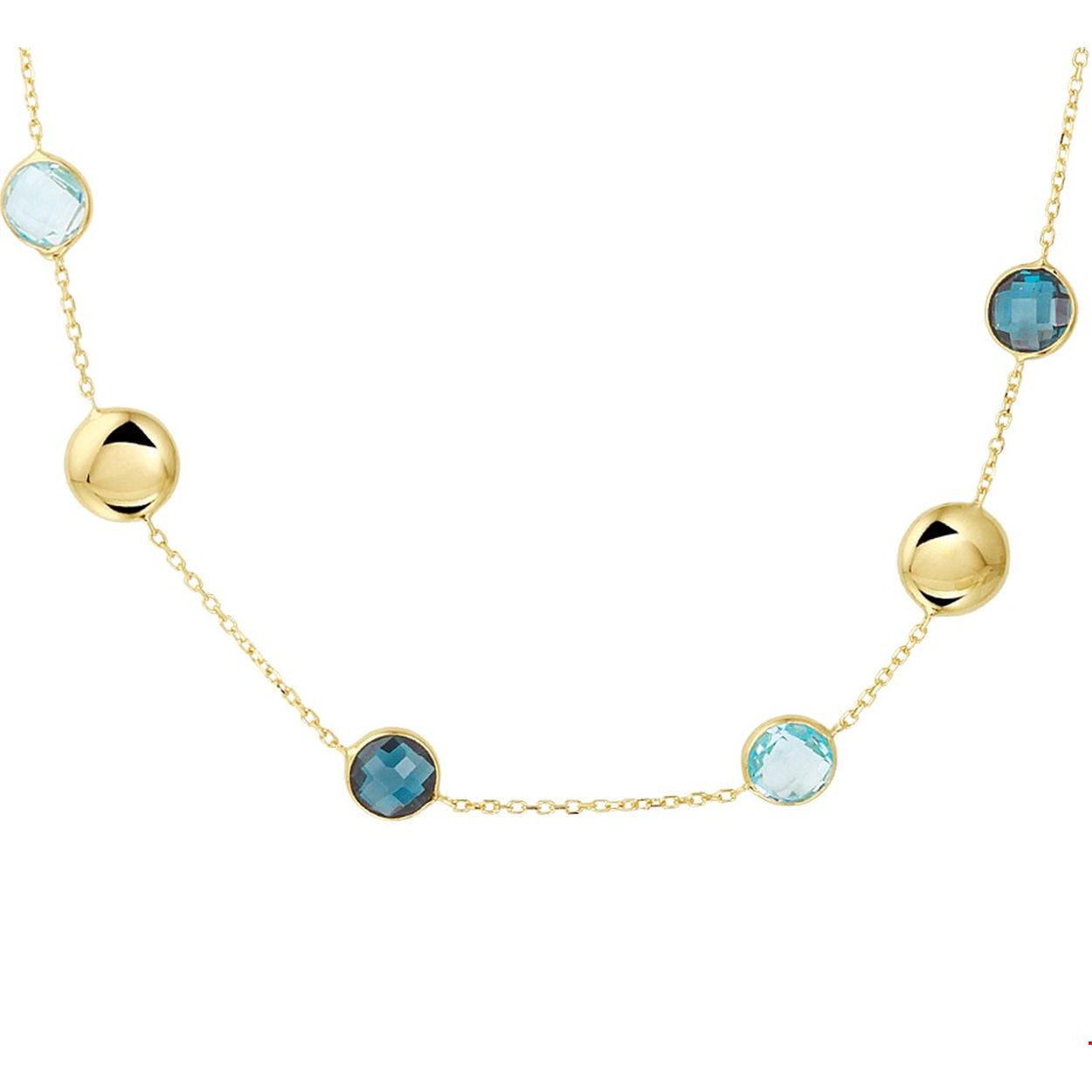 Beschrijving: Stijlvol geelgouden anker collier uitgevoerd met poli afwerkte rondjes en een combinatie van blauw topaas en London Blue topaas stenen. Met draaglengtes van 42 en 45cm en een stevige karabijn sluiting. Tip: Combineer dit collier met bijpassende sieraden uit onze collectie en maak zo een mooie set!