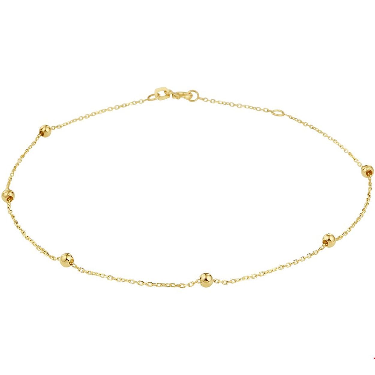 Beschrijving: Geelgouden 1mm anker enkelbandje met draaglengtes van 24 en 26cm uitgevoerd met poli afgewerkte bolletjes van 3mm. De armband is te combineren met bijpassende sieraden uit onze collectie.Tip: Leuk om kado te geven!