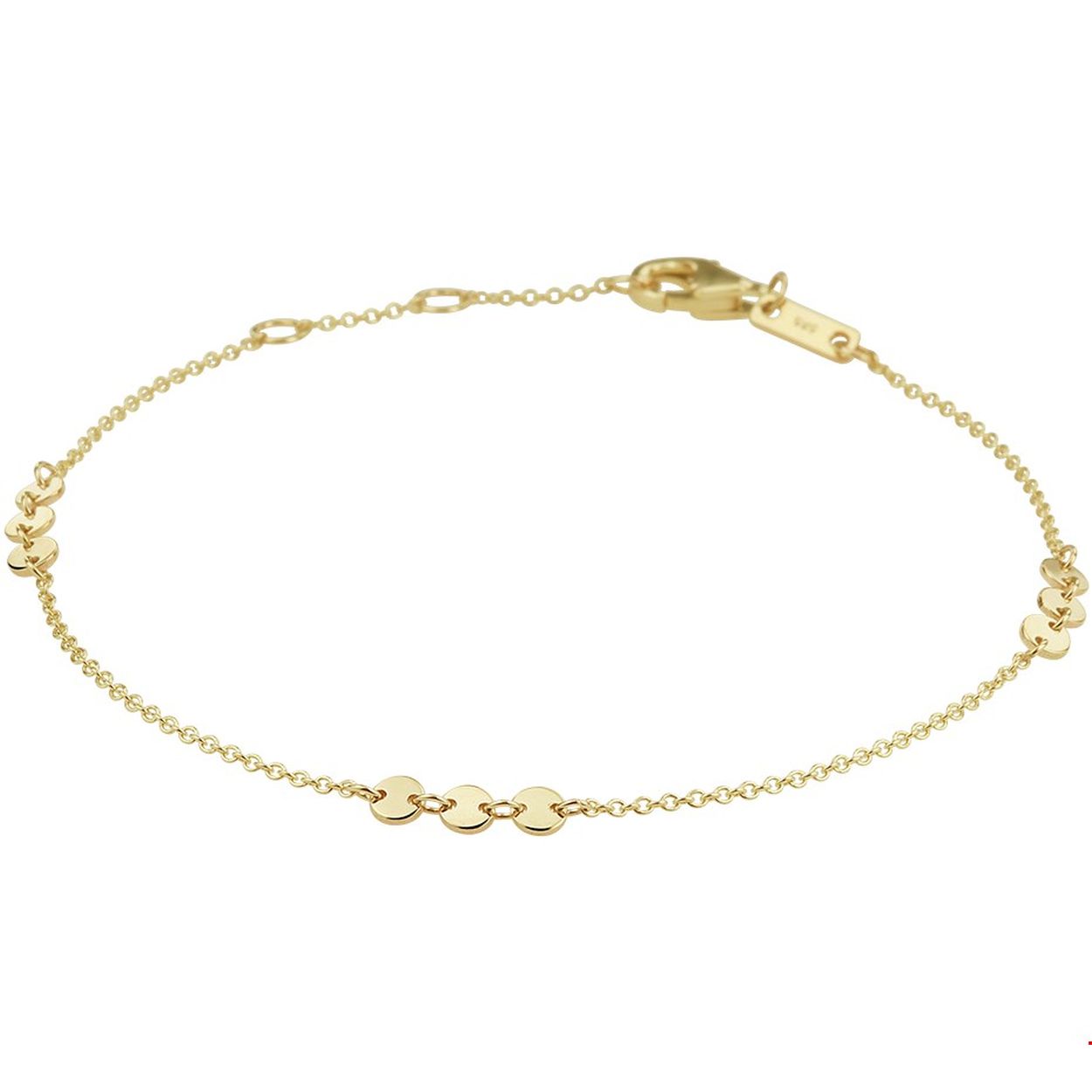 14k Geelgouden 1mm anker armband met draaglengtes van 17 18 en 19cm uitgevoerd met poli afgewerkte rondjes van 3mm. De armband heeft een stevige karabijn sluiting en is goed te combineren met bijpassende rondjes sieraden uit onze collectie.