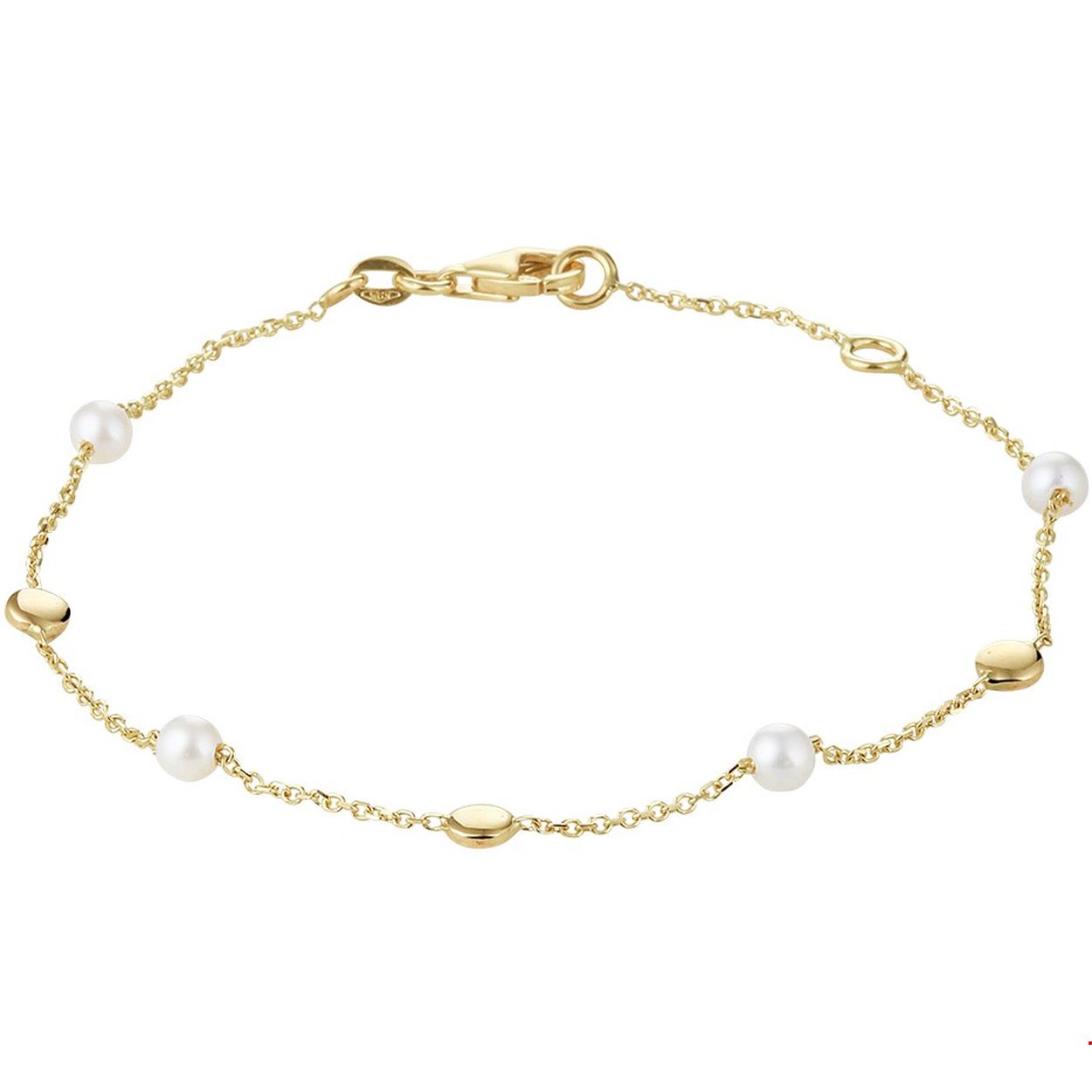 Beschrijving: Stijlvolle geelgouden anker armband uitgevoerd met poli afgewerkte rondjes, zoetwaterparels en een stevige karabijn sluiting. De armband heeft draaglengtes van 17 en 19cm en is goed te combineren met bijpassende parel sieraden uit onze collectie of vanuit je eigen stash!