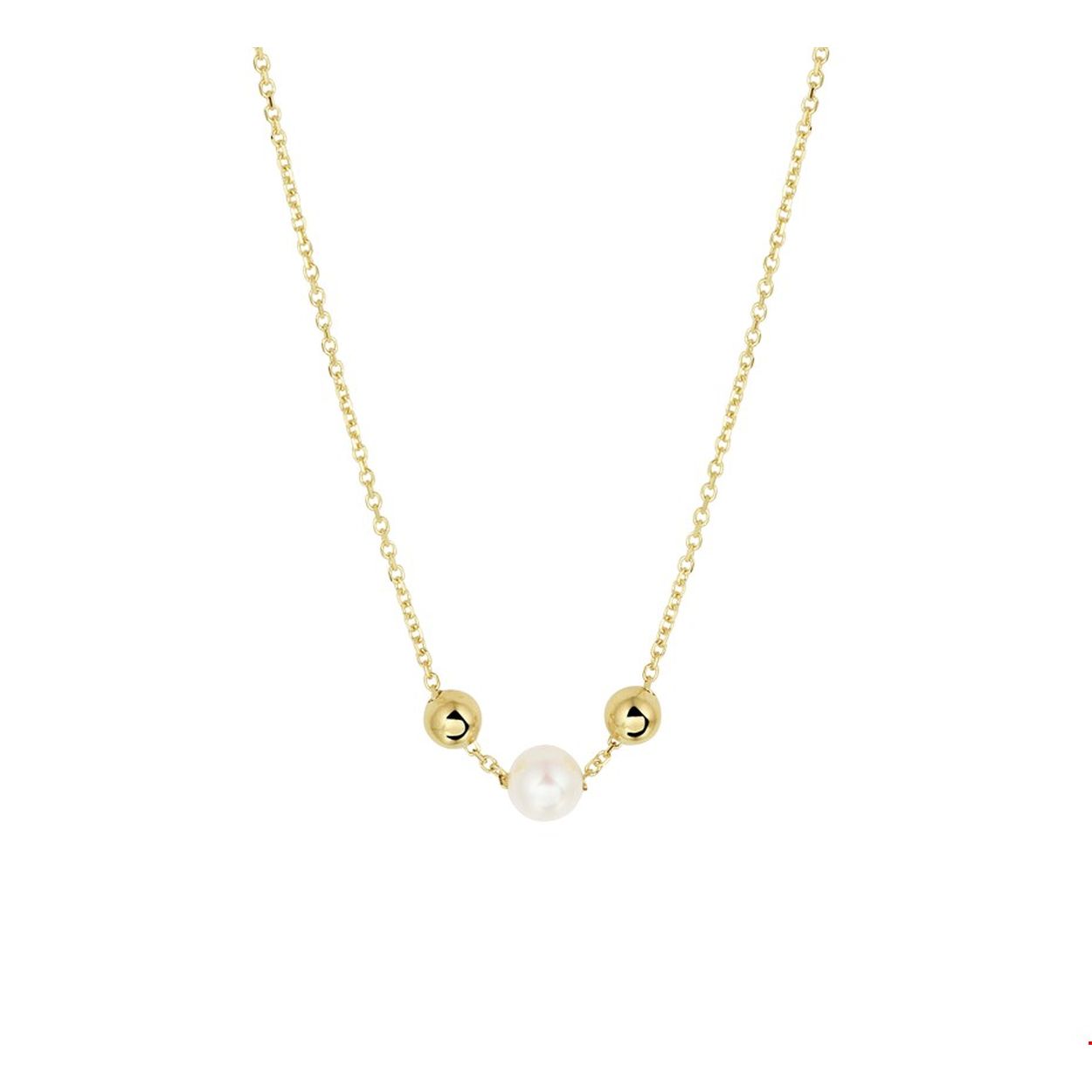 Beschrijving: Stijlvol geelgouden anker collier uitgevoerd met poli afgewerkte bolletjes, een zoetwaterparel en een stevige karabijn sluiting. Het collier heeft draaglengtes van 42 en 45cm en is goed te combineren met bijpassende parel sieraden uit onze collectie of vanuit je eigen stash.