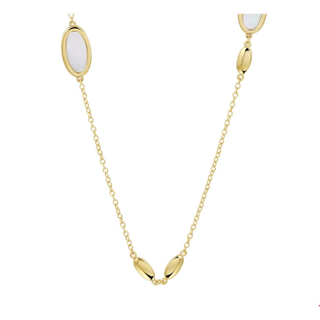 Beschrijving: 14k Geelgouden collier uitgevoerd met parelmoer, ovale elementen en een karabijn sluiting. Het collier heeft een draaglengte van 42cm en een extensie van 3cm.