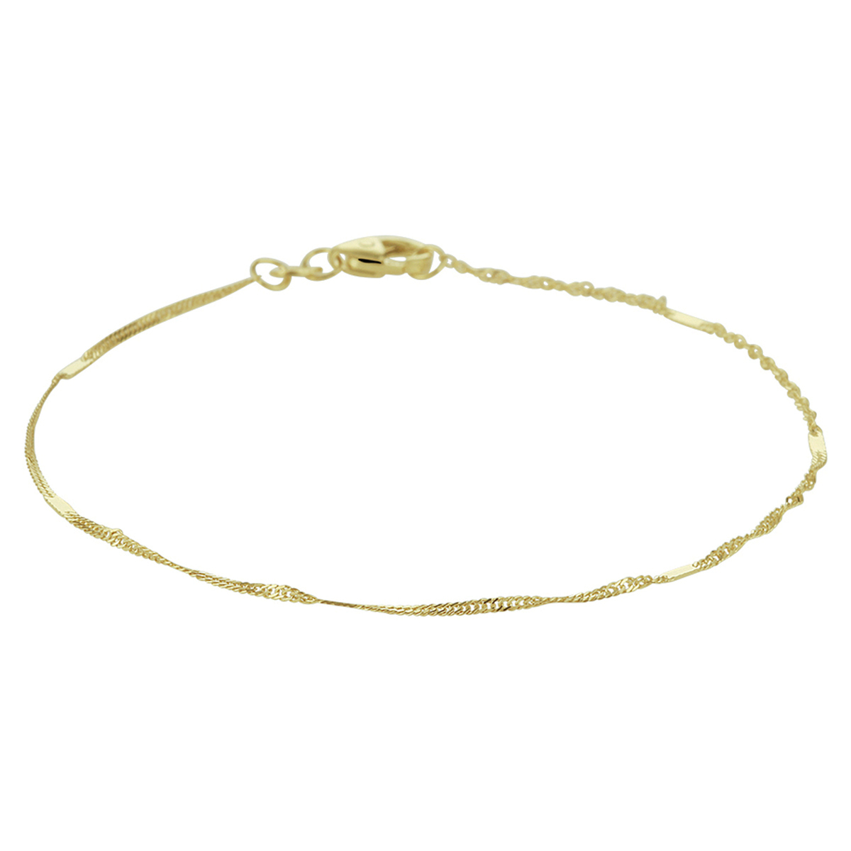 Geelgouden singapore armband met een draaglengte van 18cm. De armband heeft een schakelbreedte van 1.1mm en is uitgevoerd met een karabijn sluiting.
