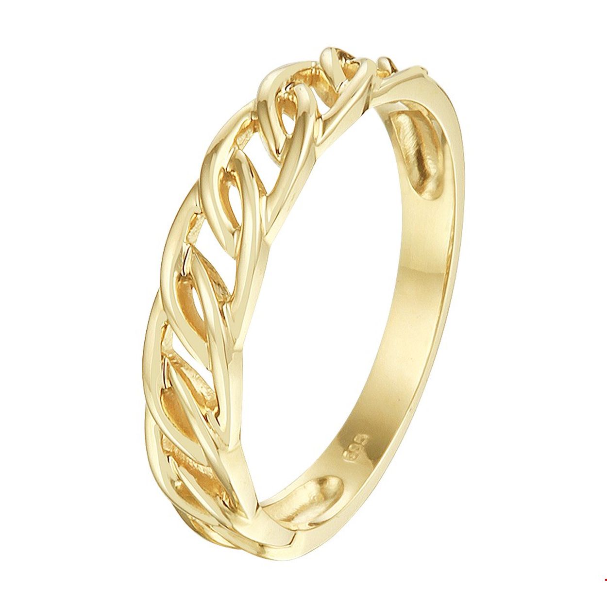 Beschrijving: Stijlvolle geelgouden ring met een breedte van 4mm uitgevoerd met een schakelmotief. Minimalistisch design voor een exclusieve uitstraling.