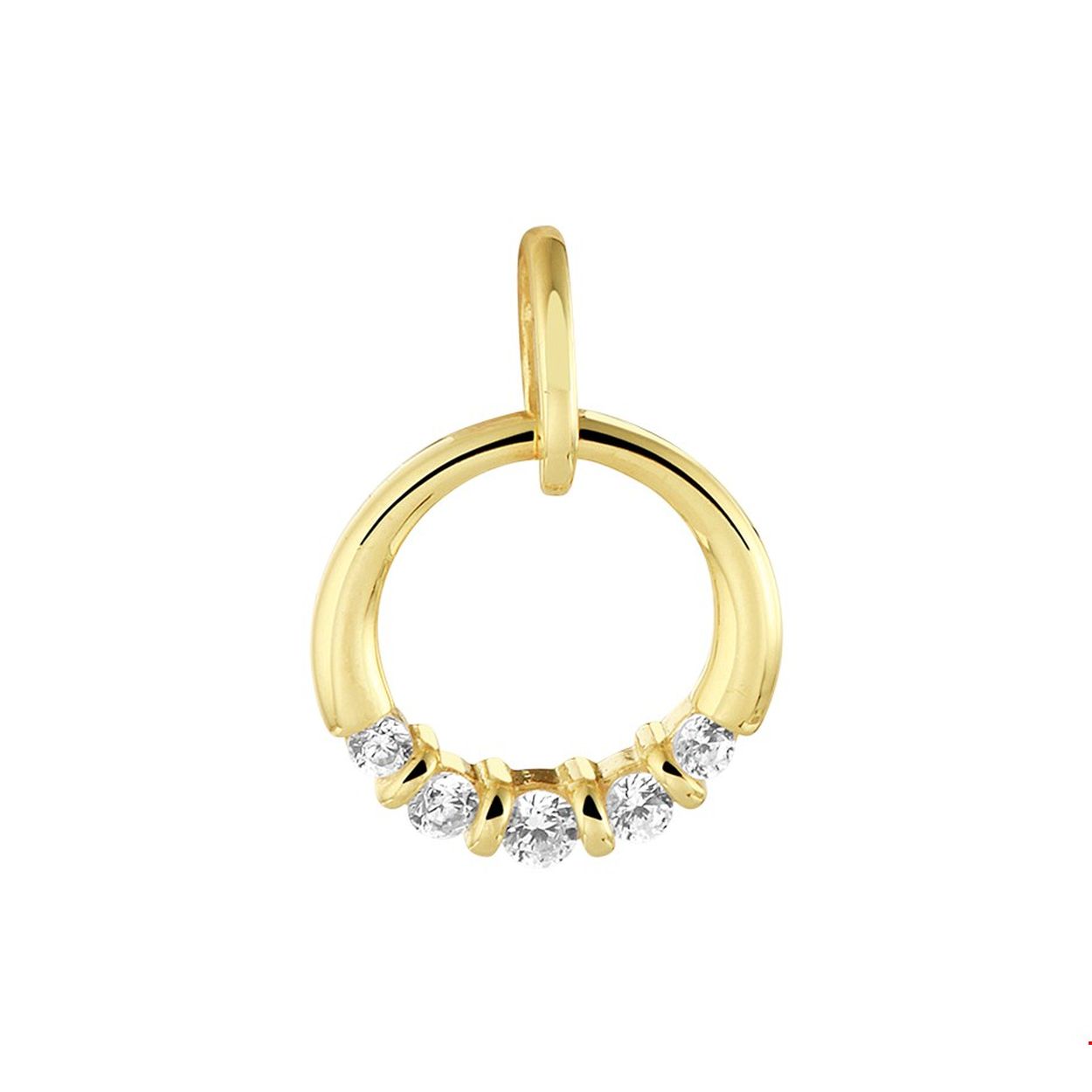 Deze 14k geelgouden hanger hangt het mooist aan een omega collier, maar is ook goed te combineren met een ander schakelcollier. De doorsnee van de hanger is 13mm, de totale hoogte is 17mm. In het ronde ontwerp is een rij transparantse zirkonia stenen verwerkt.