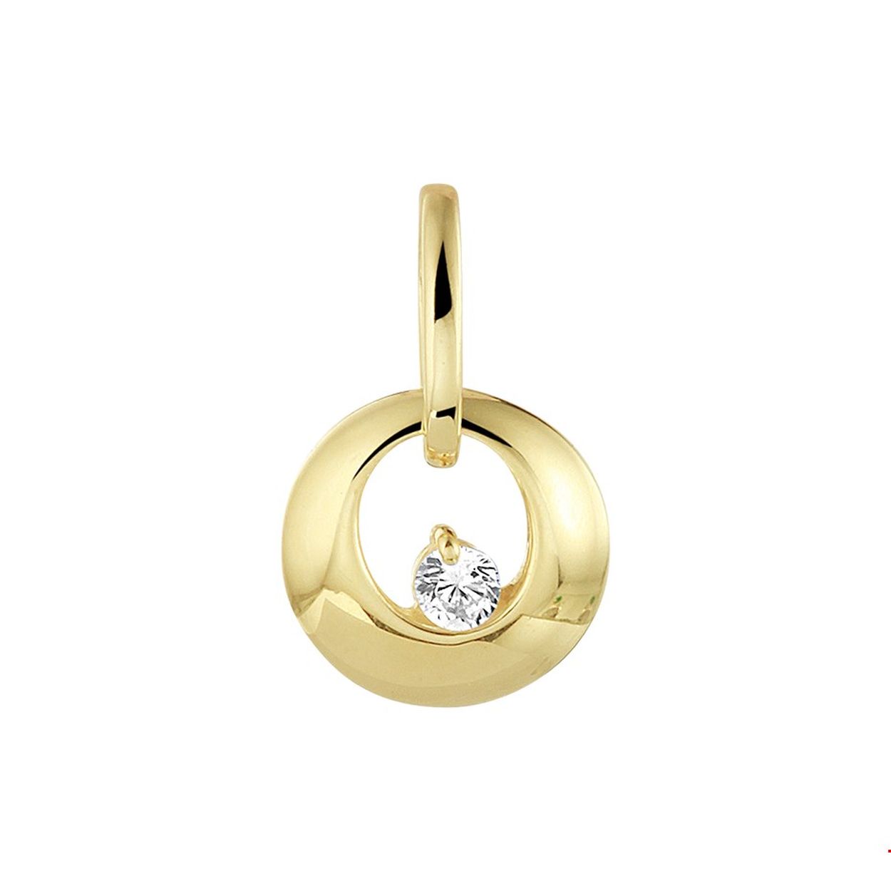 Beschrijving: Deze gepolijste 14k geelgouden hanger is door het simpele ontwerp een sieraad wat overal bij past. Het mooist combineer je deze met een omega collier. De diameter van het rondje is 10mm, de totale hoogte is 15mm. In het rondje vind je een transparante zirkonia steen.