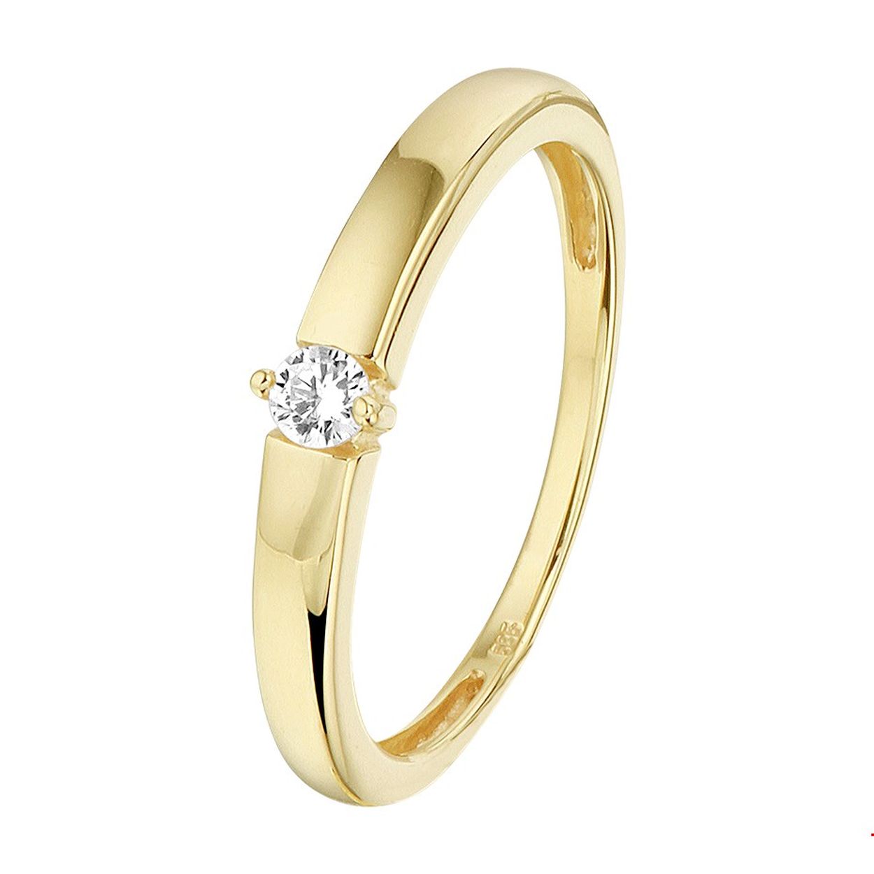 Beschrijving: Deze ring heeft een bijzonder ontwerp: de briljant geslepen zirkonia steen is ingespannen tussen de 14k geelgouden band en steekt zo niet uit boven de ring. Op het breedste punt is de ring 3,5mm, de steen is 2,5mm groot. De ring is glimmend gepolijsd.