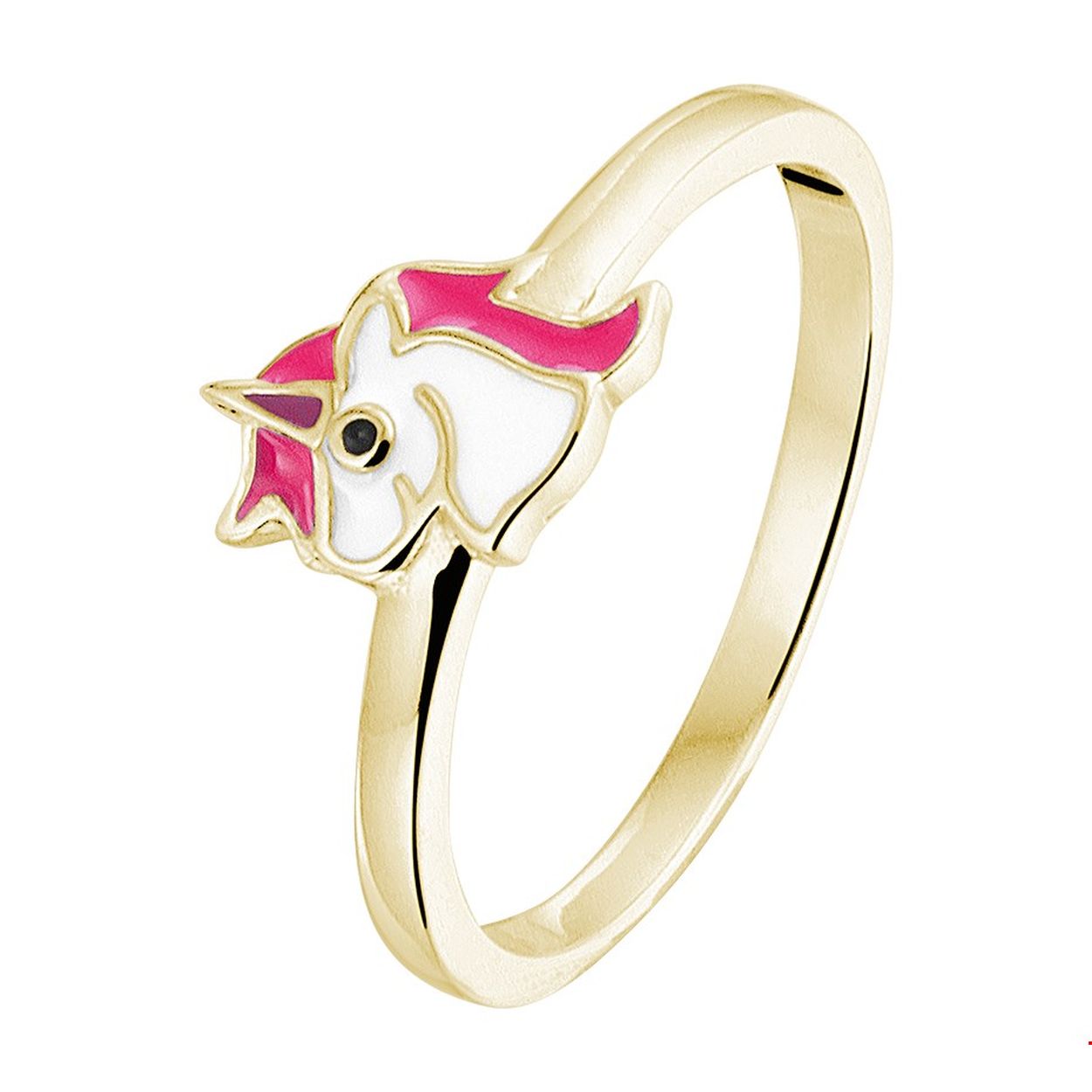 Beschrijving: Schattige geelgouden fantasie eenhoorn ring met een breedte van 6.5mm. Deze ring is perfect te combineren met bijpassende sieraden uit onze collectie. Tip: Leuk om kado te geven. Zie je ze al stralen?