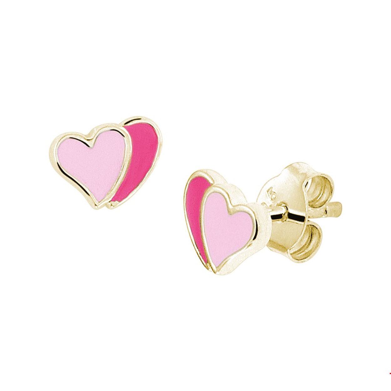 Schattige geelgouden hartjes oorknoppen met een afmeting van 5.5x7mm. Uitgevoerd met roze emaille en een stevige poussette sluiting. Deze oorknoppen zijn perfect te combineren met bijpassende sieraden uit onze collectie. Tip: Leuk om kado te geven!