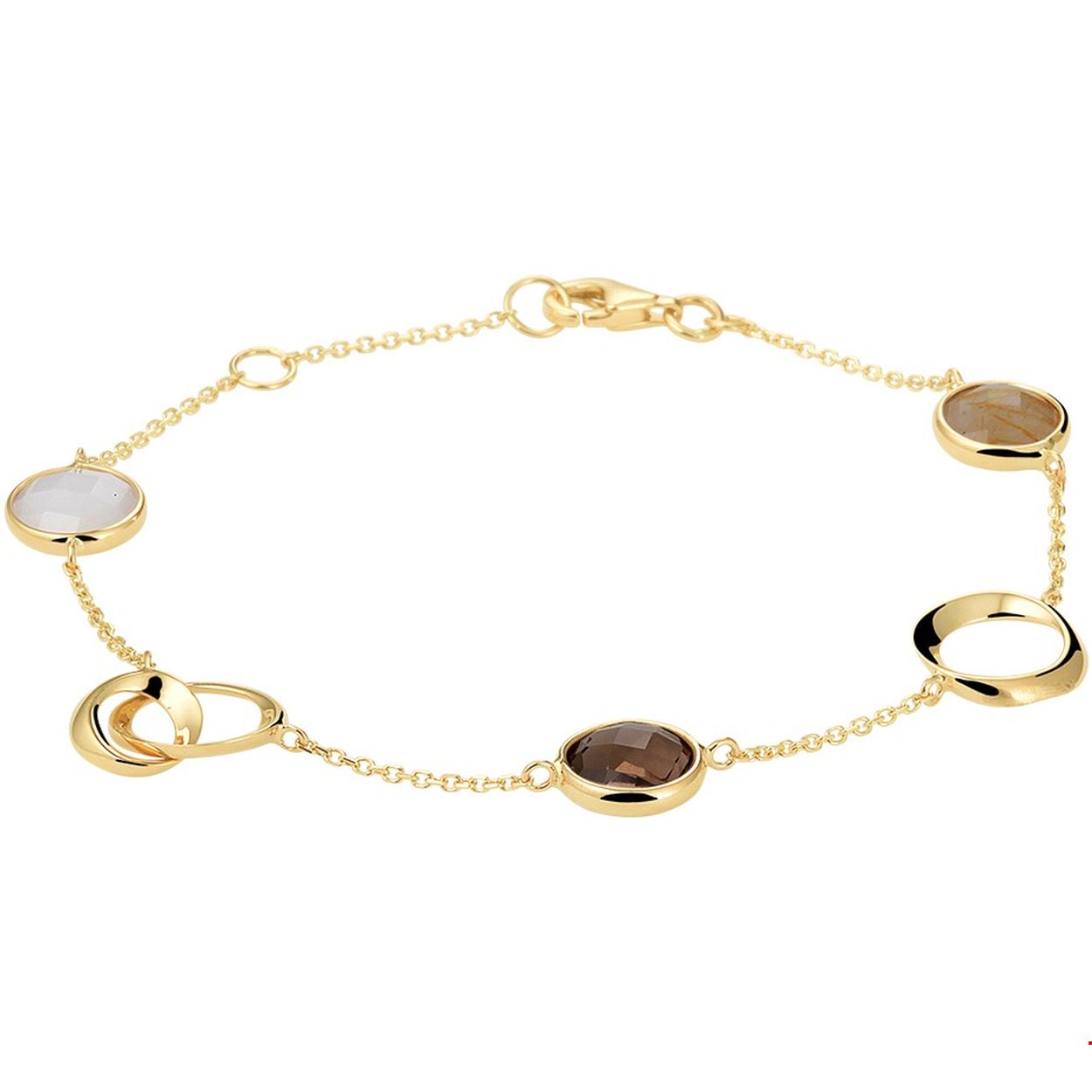 Beschrijving: Een prachtige armand met kleurstenen en 14k geelgouden schakels. In de armband zijn drie soorten edelsteen verwerkt: goud rutiel, rookkwarts en wit kwarts. De stenen zijn in een zetkast geplaatst. De armband heeft een lengte van 17-19 cm en is het op het breedste punt 11mm breed. Het sluit met een stevig karabijnslot.