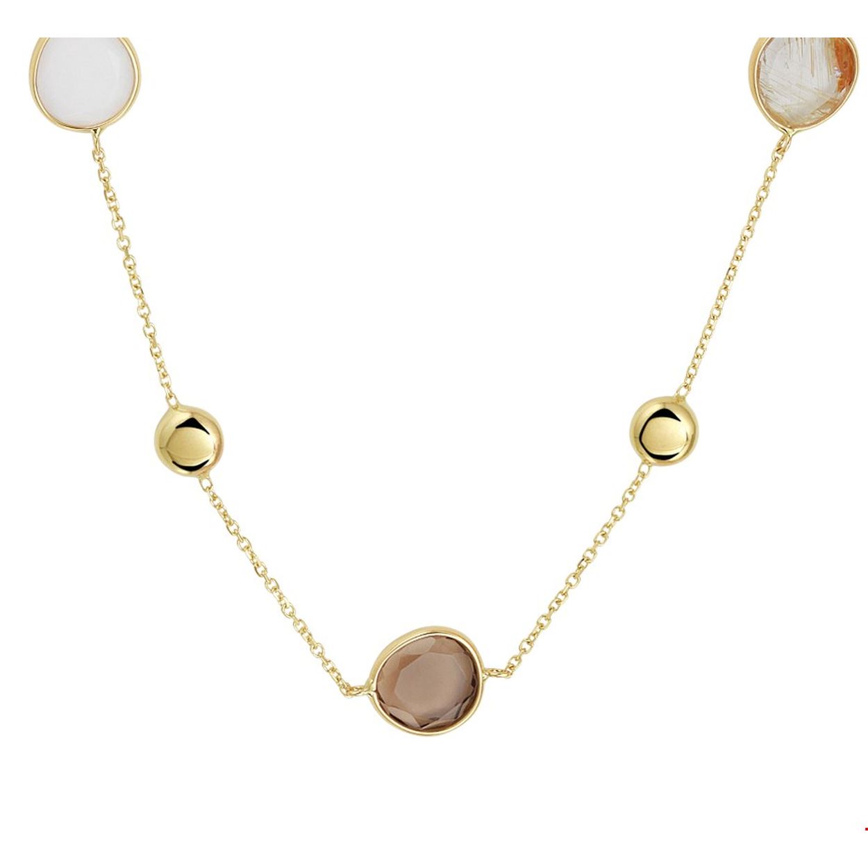 Beschrijving: 14k Geelgouden anker collier uitgevoerd met ronde elementen en schitterende edelstenen zoals: wit kwarts, rookkwarts en goud rutiel. Het collier heeft draaglengtes van 42 en 45cm. Uitgevoerd met een karabijn sluiting.